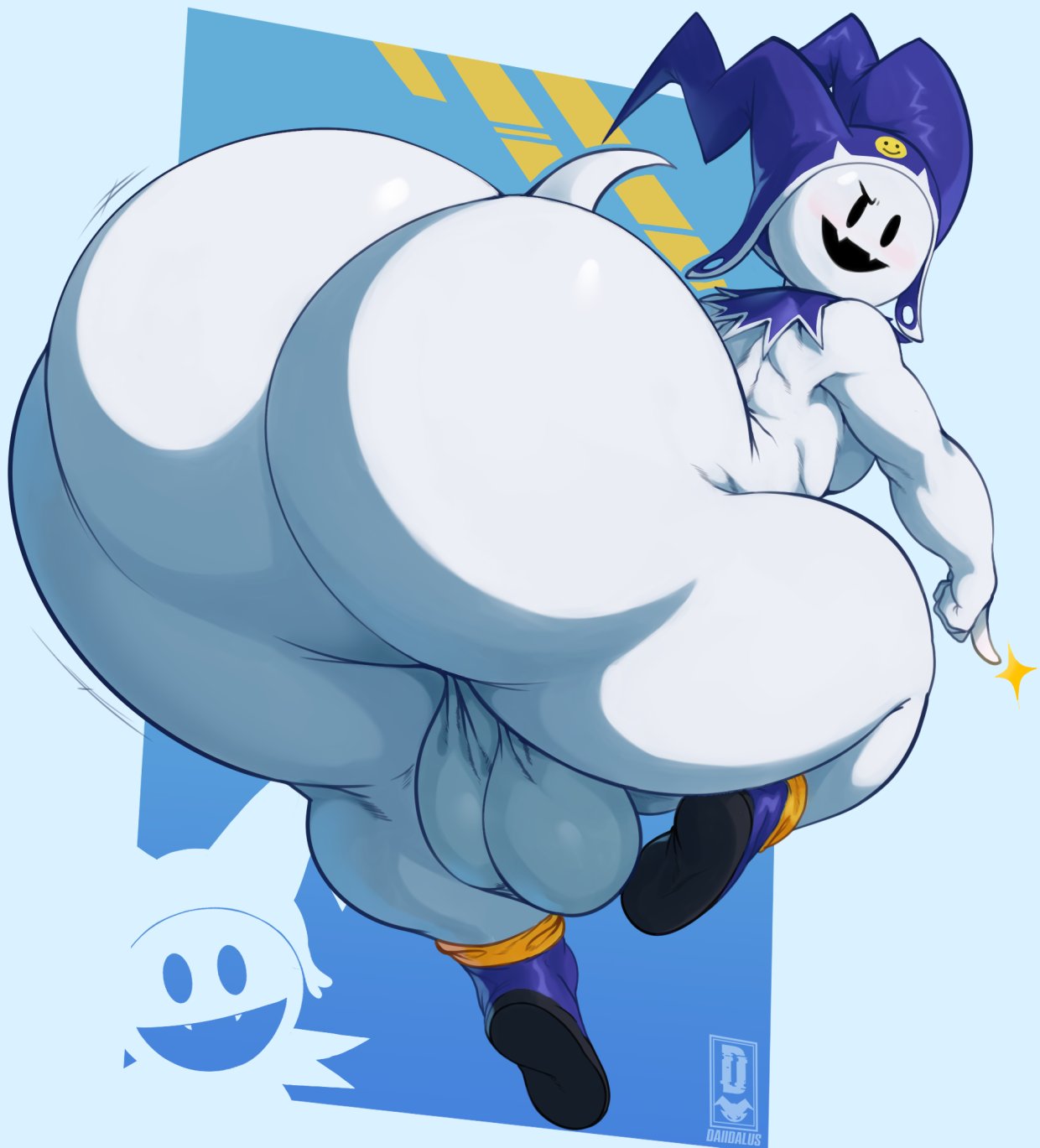 1boy, 2022, ass, ass focus, atlus, backsack, balls, ballsack, big ass, big balls, big butt, big testicles, blue clothing, blue footwear, blue hat, blue headwear, blue shoes, blush, butt focus, clothing, daiidalus, demon, demon humanoid, fangs, footwear, genitals, gesture, gigantic ass, glistening, glistening butt, hat, headgear, headwear, hi res, huge ass, huge butt, humanoid, imp, jack frost (megami tensei), looking back, male, male only, megami tensei, mostly nude, open mouth, open smile, penis, pointing, shoes, smile, solo, testicles, thick thighs, vhsdaii, video games, white body, white butt