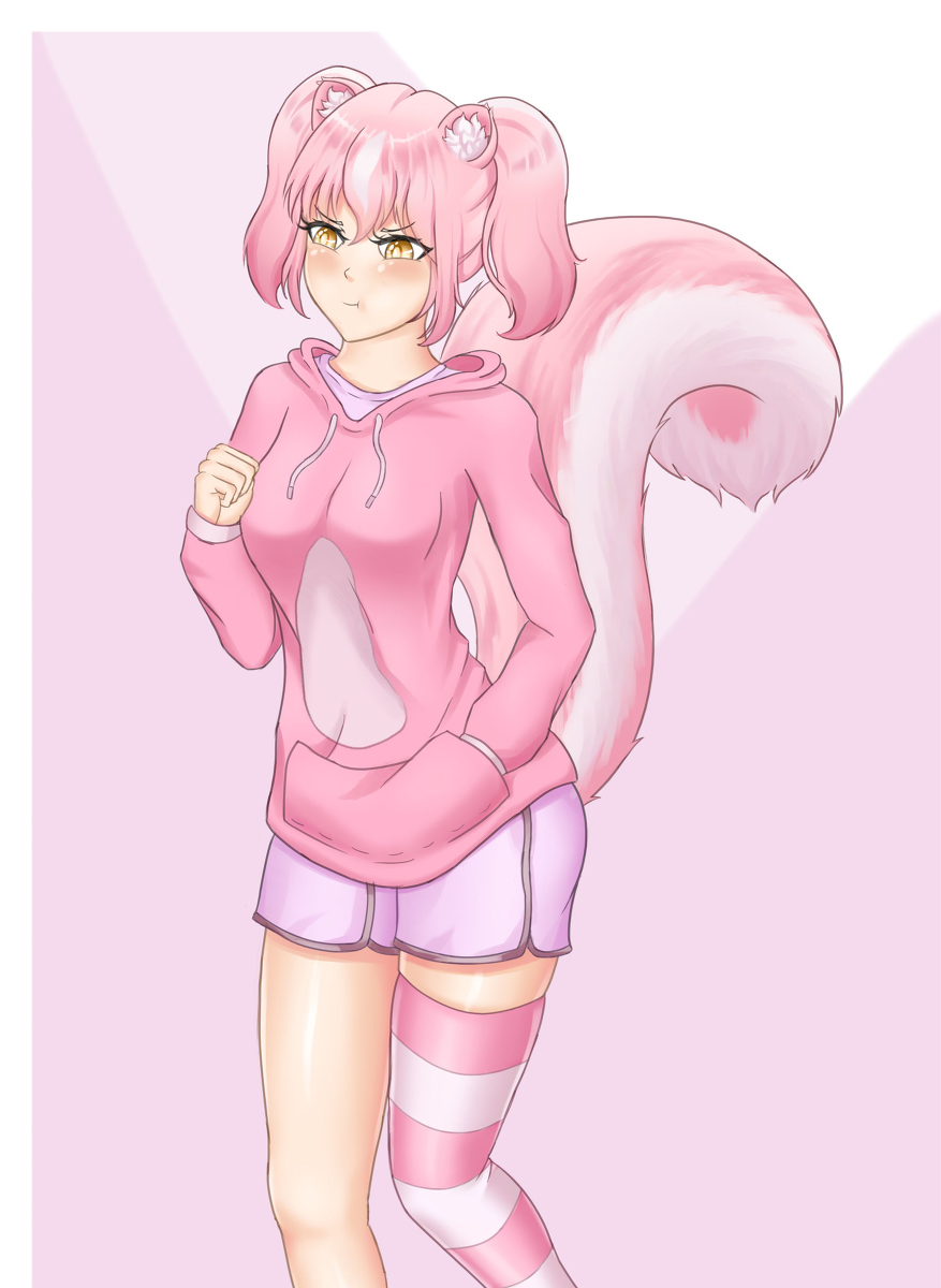 1girls female female_only fiona_(raki991) fluffy fluffy_tail hoodie kneehighs pink_hair pink_tail pixiv pout raki991 shorts skunk skunk_ears skunk_girl skunk_tail twintails