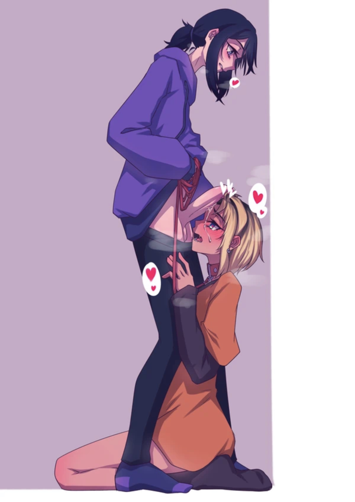 1boy, 1girls, 2d, blush, censored, censored penis, female, femboy, femboy on female, femboydom, heart-shaped pupils, heavy blush, hej, imminent fellatio, imminent oral, looking down, male, musk, musk clouds, oc, original, original character, penis, penis on head, precum, saliva, saliva string, tagme