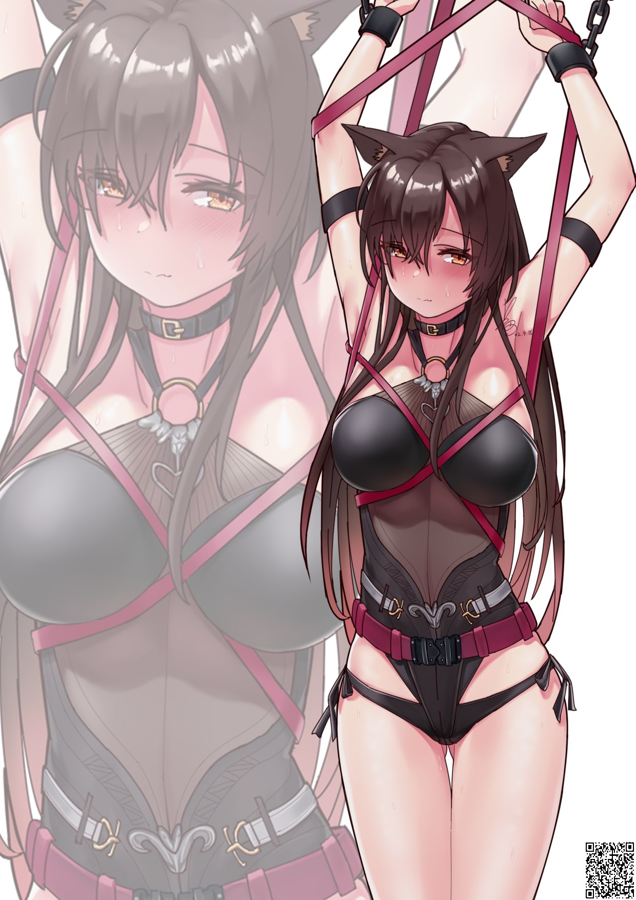 arknights, bondage, bound, cat ears, chained, chained wrists, chains, female, skyfire (arknights), swimsuit, swimwear