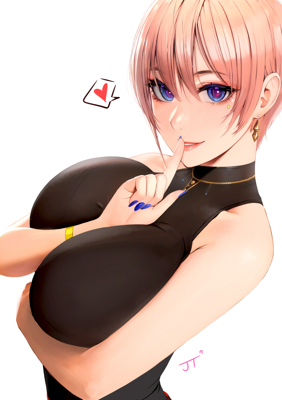 1girls, artist signature, blue eyes, blush, breasts, clothed, ear piercing, female, go-toubun no hanayome, heart-shaped pupils, huge breasts, large breasts, light skin, light-skinned female, nakano ichika, naughty face, rak (kuraga), redraw, short hair, sleeveless, smile, solo, suggestive look, very short hair