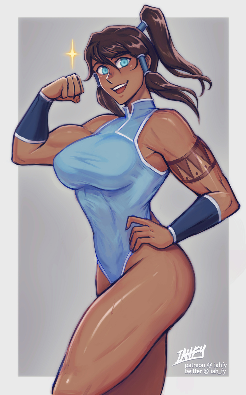 :d, 1girls, aqua eyes, artist name, avatar legends, bare shoulders, blue leotard, breasts, brown hair, clenched hand, clothing, dark skin, dark-skinned female, female, grey background, hair tubes, hand on hip, highres, iahfy, korra, large breasts, leotard, long hair, looking at viewer, muscular, muscular female, open mouth, ponytail, simple background, smile, solo, sparkle, tattoo, the avatar, the legend of korra, thighs, water tribe