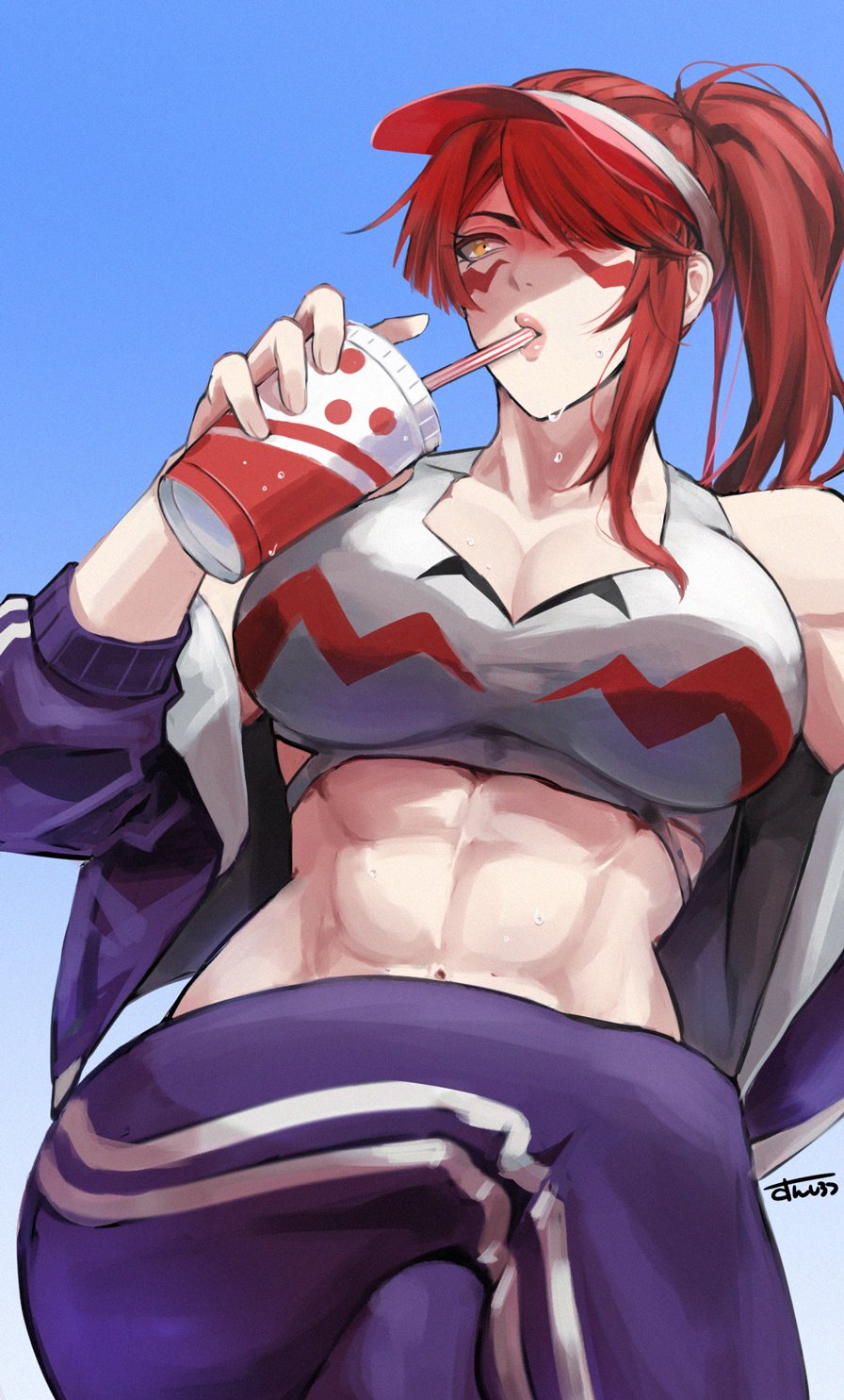 :>=, 1girls, abs, artist signature, ass, athletic, athletic female, bare shoulders, big breasts, breasts, busty, cleavage, female, fuma kotaro (tenkaichi), gigantic ass, hair over one eye, hat, huge breasts, large breasts, long hair, massive breasts, muscular, muscular female, muscular legs, red hair, sky, sports bra, sunshirou, sweat, tattoo, tenkaichi nihon saikyou bugeisha ketteisen, tied hair, tight clothing, toned, toned belly, toned body, toned female, toned stomach, voluptuous, voluptuous female, yellow eyes