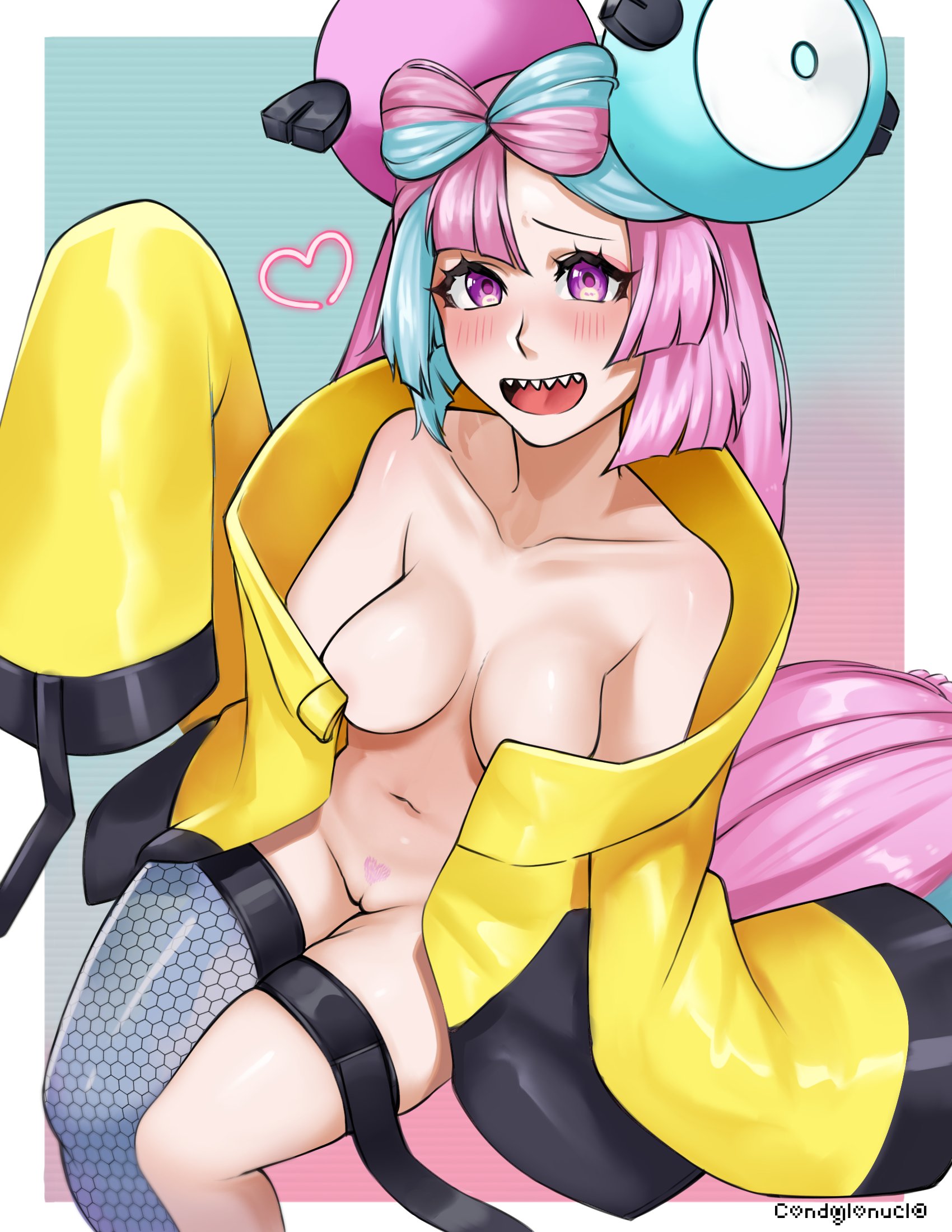 1girls, blue and pink hair, breasts, condylonucla, eye contact, female, female focus, female only, game freak, gym leader, hair ornament, iono (pokemon), legwear, legwear only, long hair, looking at viewer, nintendo, pokemon, pokemon (game), pokemon sv, purple eyes, pussy, sharp teeth, sitting, solo, thighs, twintails, two-tone hair