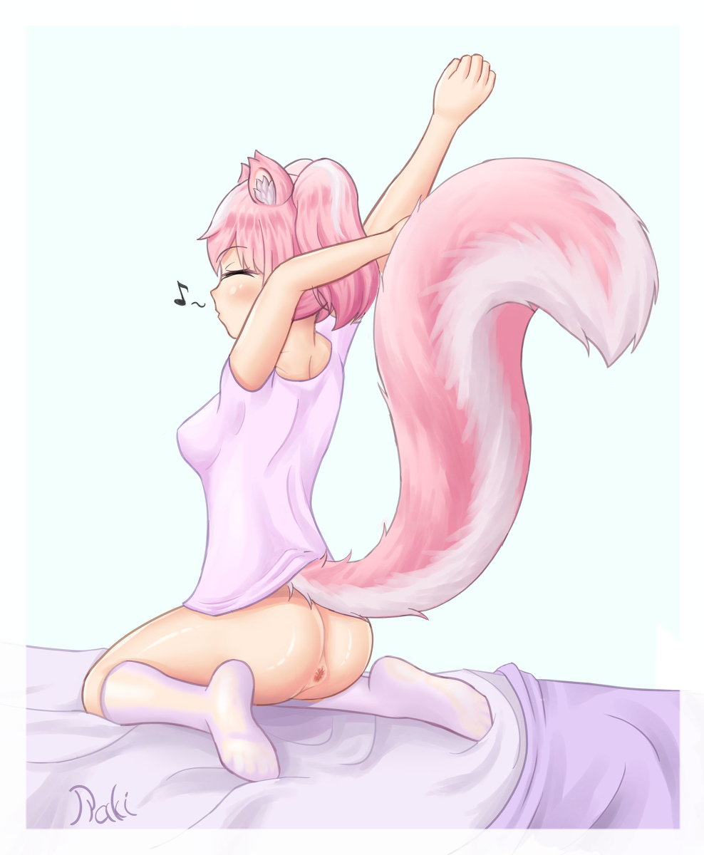 1girls anus ass bed closed_eyes cute female female_only fiona_(raki991) fluffy fluffy_tail musical_note pink_hair pink_tail pixiv raki991 skunk skunk_ears skunk_girl skunk_tail socks waking_up whistling