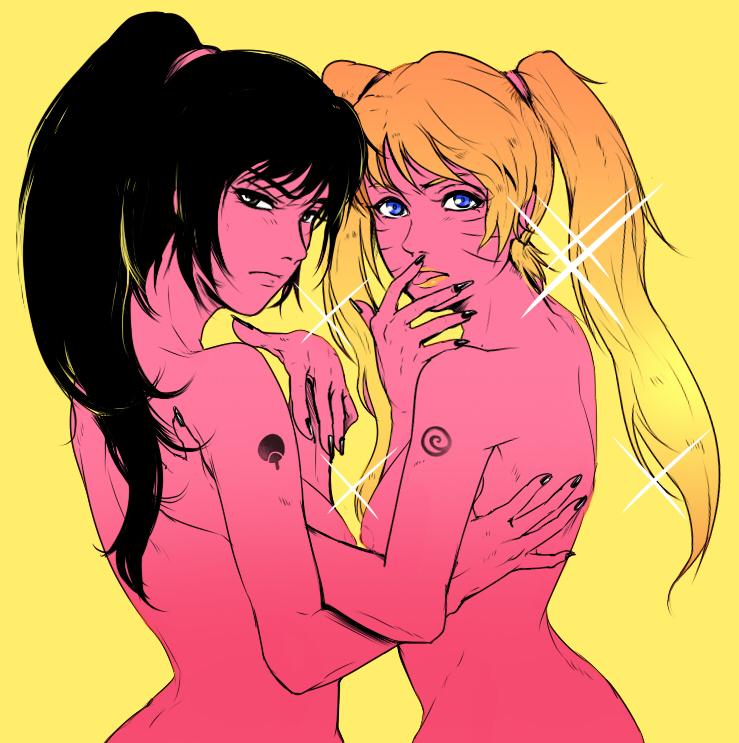 2girls arm_tattoo back bangs bare_back bare_shoulders black_eyes black_hair blonde_hair blue_eyes blush breasts closed_mouth facial_mark facing_viewer female female_focus female_only fingernails from_side genderswap_(mtf) hair_tie hands_up high_ponytail hug licking licking_finger lips lipstick long_hair looking_at_viewer looking_back makeup matching_hair/eyes medium_breasts multiple_girls nail_polish naruko naruto naruto_(series) naruto_shippuden nipples nude parted_lips ponytail rule_63 sasuke_uchiha sasuko serious sexy_no_jutsu simple_background sparkle standing tattoo tongue tongue_out twintails uchiha_symbol uzumaki_naruto uzumaki_symbol whisker_markings whiskers yellow_background yellow_theme yu_da-young yuri