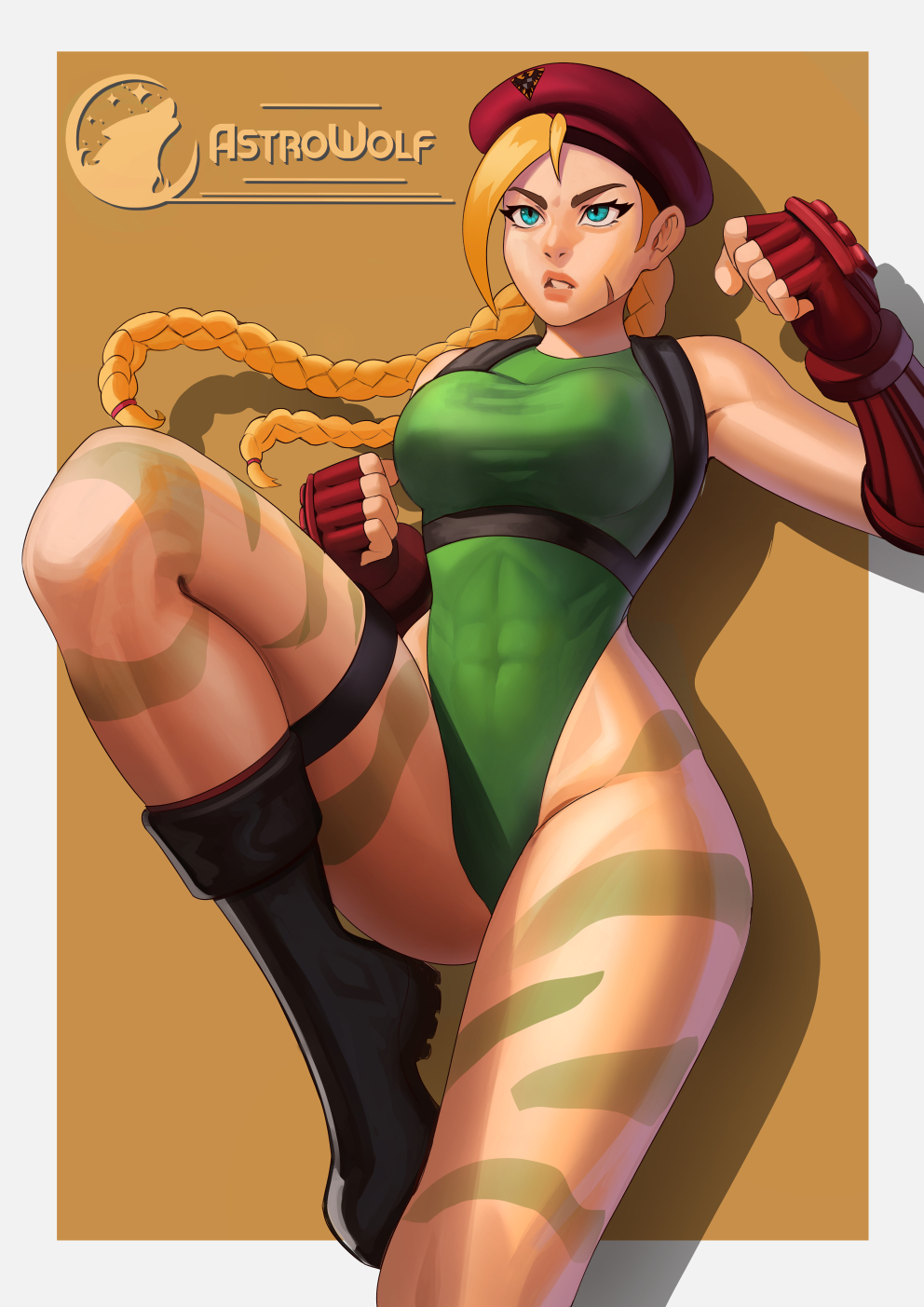 1girls abs astrowolf big_breasts blonde_hair blue_eyes boots cammy_white female female_only fully_clothed gloves hat leotard muscular_female scars solo street_fighter thick_ass thick_thighs thigh_strap thighs tight_clothing