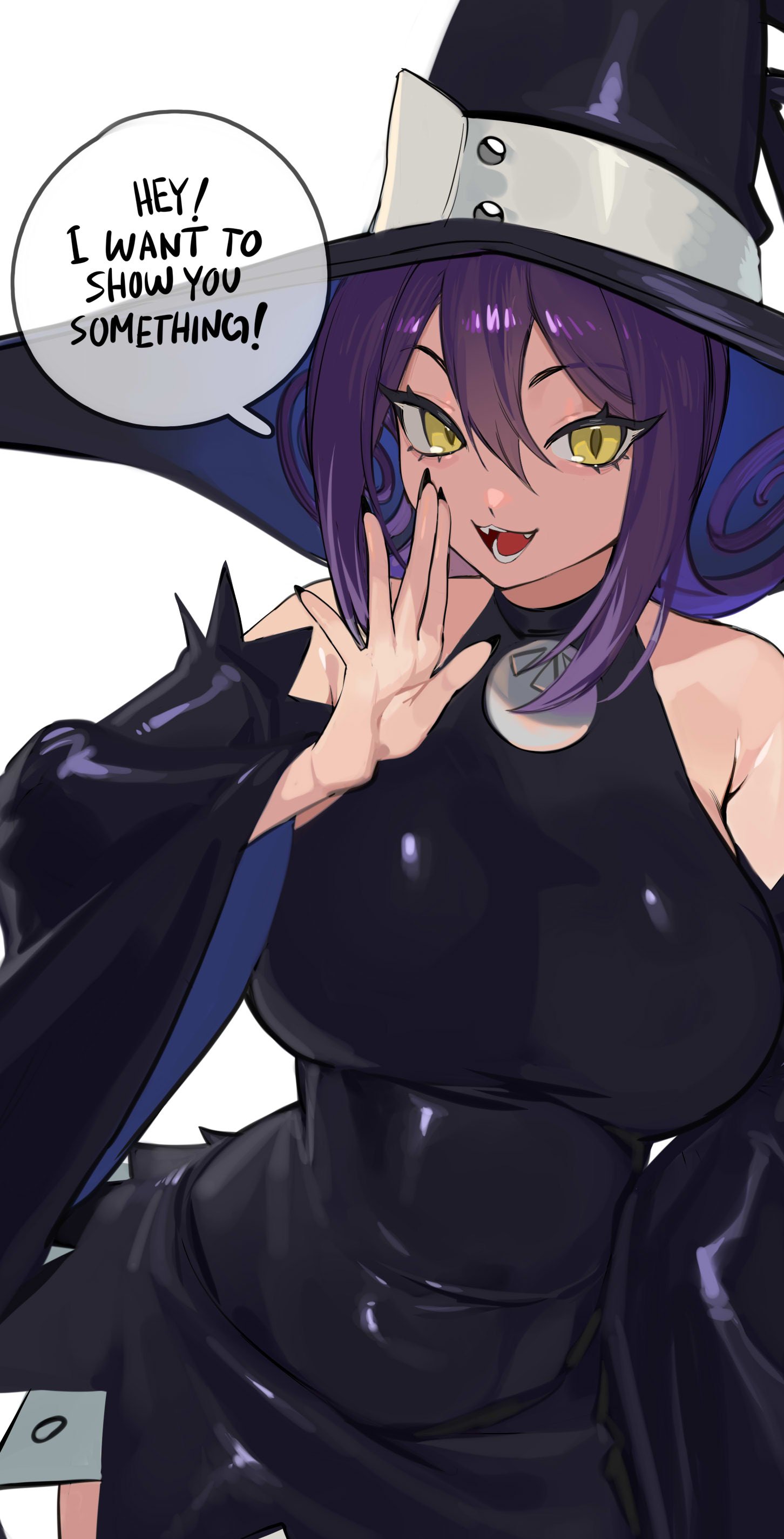 1girls, big breasts, black nails, blair (soul eater), breasts, dress, english text, female, hat, latex, nia (nia4294), nia4294, painted nails, purple hair, shiny clothes, solo, soul eater, tight clothing, tight dress, witch, witch hat, yellow eyes