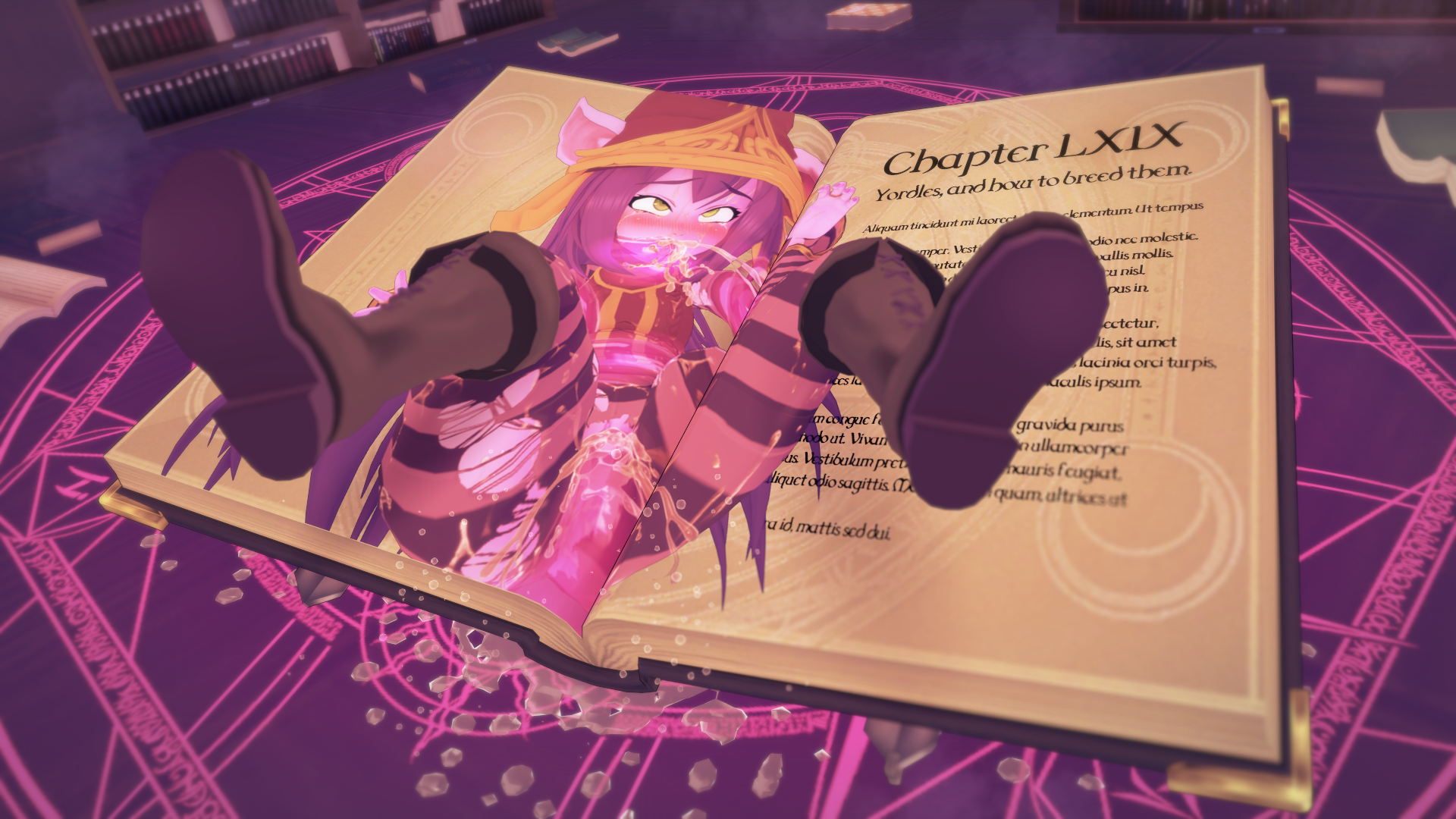 animal ears, blush, book, boots, clothed, clothed sex, clothing, cum, cum in mouth, cum inside, cursed item, double penetration, eyes rolling back, female, female only, fluids, forced, forced oral, green eyes, hat, headgear, indoors, league of legends, library, lulu the fae sorceress, magic, magic circle, purple hair, purple skin, red clothing, restrained, ripped clothing, runes, shortstack, spread legs, tentacle, tentacle sex, text, transformation, trapped, witchanon, yordle