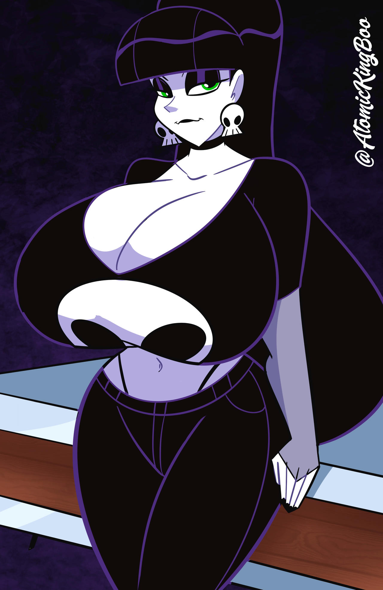 1girls, artist name, ass, atomickingboo, big breasts, black hair, black lipstick, breasts, bust, busty, curvaceous, curvy, curvy figure, dark hair, digital drawing (artwork), digital media (artwork), eyebrows, eyelashes, eyes, female, female focus, goth, goth girl, green eyes, hair, hips, hourglass figure, huge breasts, large breasts, legs, light skin, light-skinned female, lindel dollice quilten, lips, lipstick, long hair, oc, original, original character, pale skin, pale-skinned female, the besties (atomickingboo), thick legs, thick thighs, thighs, top heavy, upper body, voluptuous, wide hips
