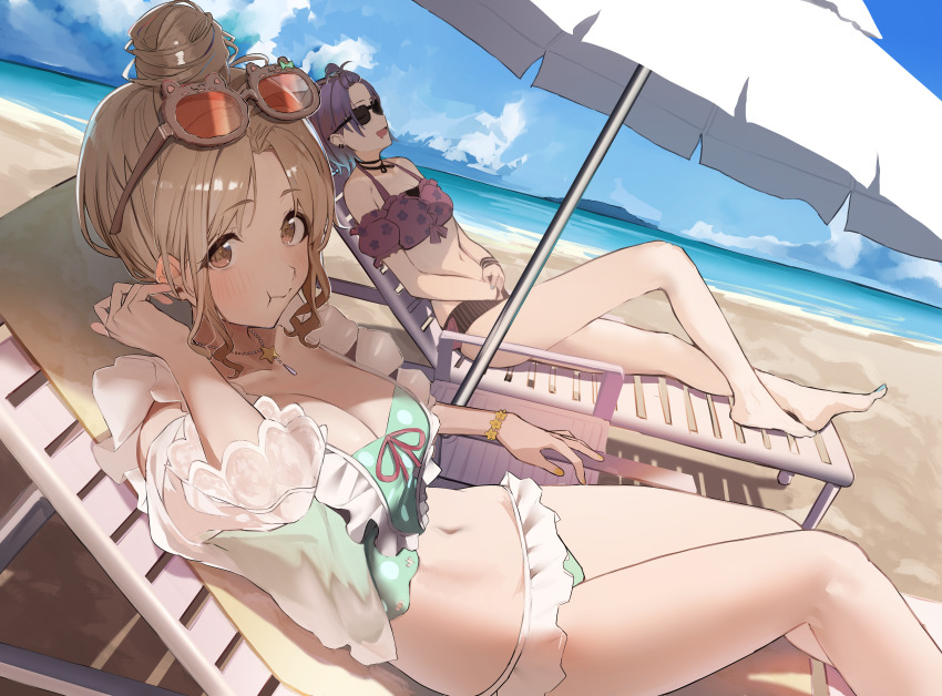 2girls absurdres asakura_toru bare_legs barefoot beach beach_chair bikini blush cloud drooling eyewear_on_head female female_only frilled_bikini frills hair_bun hairbun highres horizon ichikawa_hinana idolmaster idolmaster_shiny_colors looking_at_viewer mouth_drool multiple_girls outdoors sand single_hair_bun sunglasses swimsuit tinted_eyewear umbrella uouokuma wavy_hair