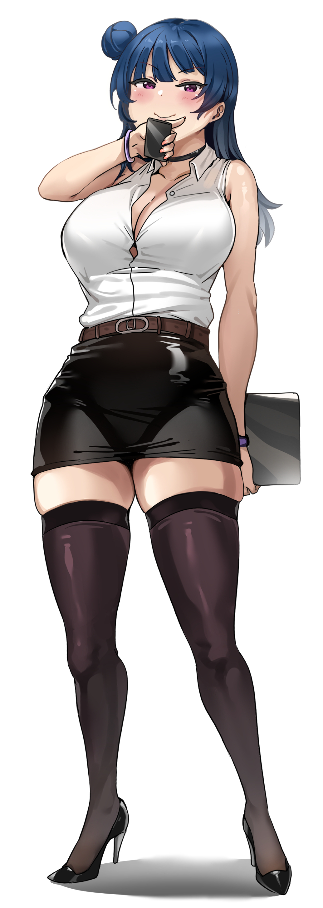 1girls, 2022, absurd res, absurdres, alternate breast size, bangs, bare arms, bare shoulders, belt, big breasts, black choker, black footwear, black skirt, black thighhighs, blouse, blue hair, blush, breasts, brown belt, bursting breasts, button gap, choker, cleavage, closed mouth, collarbone, eyelashes, eyeliner, female, female only, full body, hair bun, hand up, heels, hi res, high heels, highres, large breasts, latex, lingerie, lipstick, long hair, looking at viewer, love live!, love live! sunshine!!, makeup, medium hair, miniskirt, nail polish, office lady, purple eyes, shirt, shirt tucked in, simple background, skindentation, skirt, sleeveless, smile, solo, solo female, standing, stockings, tem10, thighhighs, thighs, tsushima yoshiko, white background, white shirt, zettai ryouiki