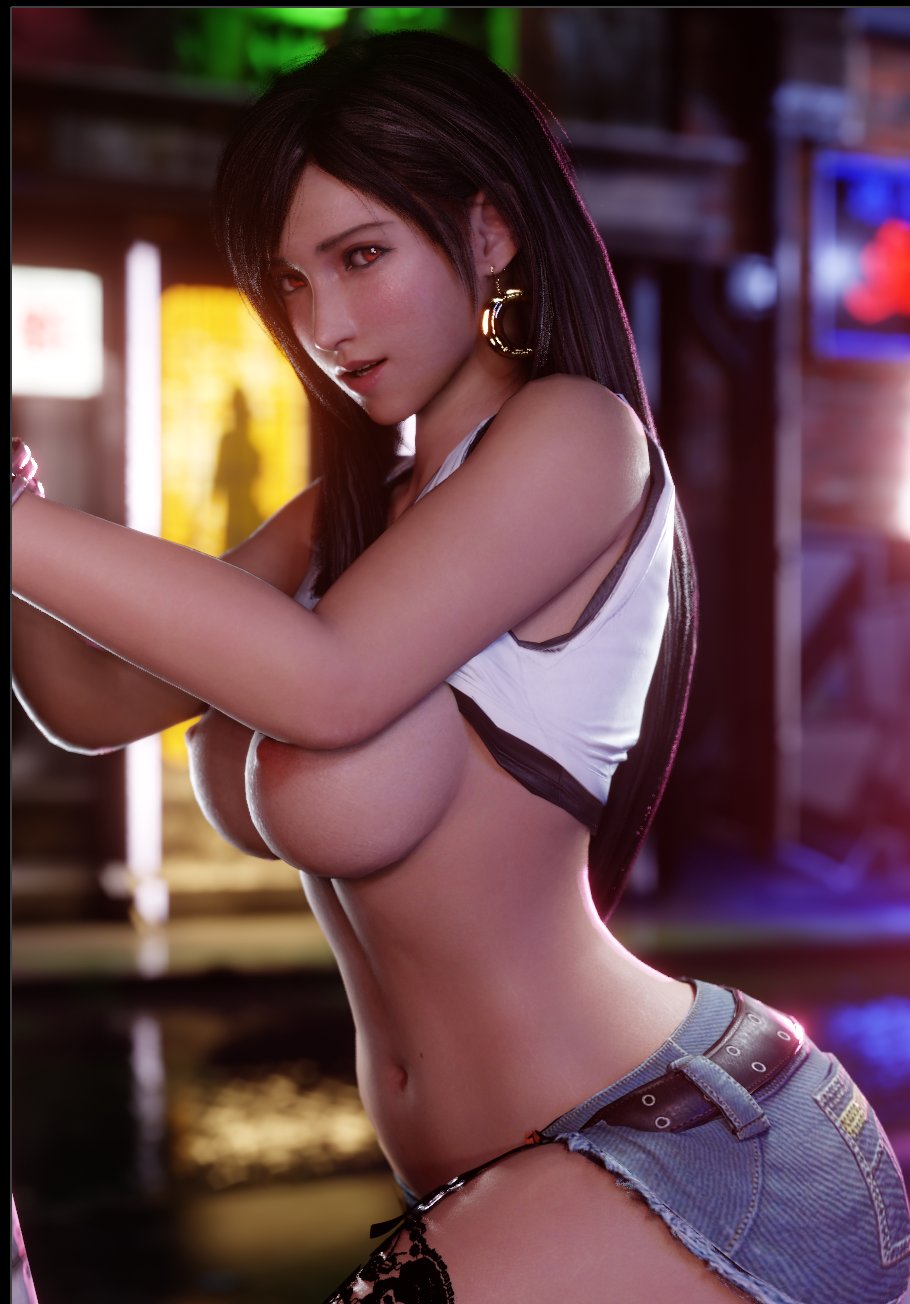 3d big_breasts black_hair earrings female final_fantasy final_fantasy_vii final_fantasy_vii_remake jul3dnsfw large_breasts long_hair looking_at_viewer red_eyes short_shorts shorts solo tifa_lockhart