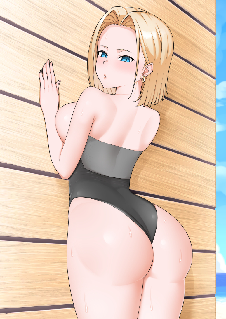 1girls 2022 against_wall alternate_version_available android_18 ass blonde_hair blue_eyes blush breasts dragon_ball female female_only grey_swimsuit grey_swimwear hi_rontea looking_at_viewer outdoors outside solo solo_female swimsuit swimwear thick_thighs thighs