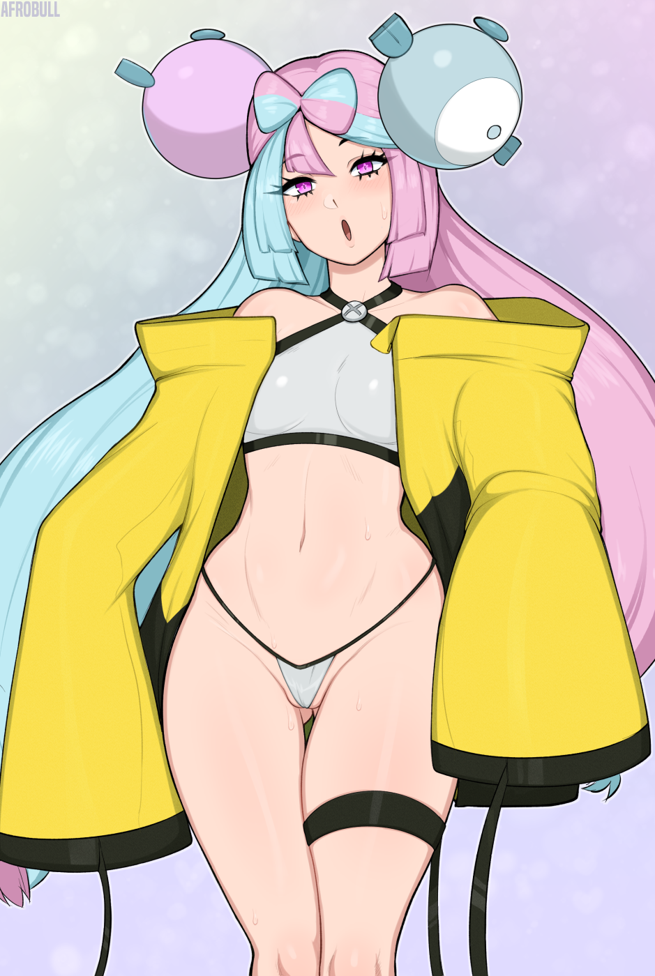 1girls, afrobull, blue and pink hair, blush, breasts, cameltoe, clothing, eye contact, female, game freak, gym leader, hair ornament, happy, hat, human, iono (pokemon), jacket, light blue hair, light skin, linea alba, long hair, looking at viewer, nintendo, pink eyes, pink hair, pink-haired female, pokemon, pokemon (game), pokemon sv, pussy, sharp teeth, skimpy clothes, small breasts, smile, solo, standing, sweat, sweatdrop, thick thighs, thighs, thong, two-tone hair