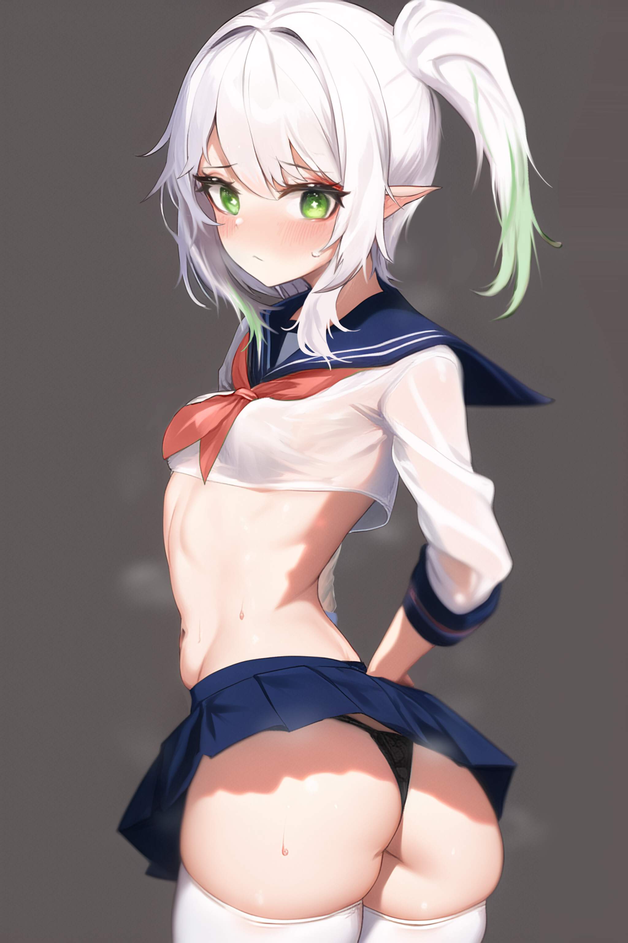 ai generated, alternate costume, ass, blush, breasts, embarrassed, female, from behind, genshin impact, gradient hair, green eyes, green hair, huge ass, long hair, looking at viewer, miniskirt, multicolored hair, nahida (genshin impact), nai diffusion, pointy ears, ponytail, school uniform, see-through, see-through shirt, shiny, shiny hair, shiny skin, sideboob, skirt, small breasts, stable diffusion, sweat, thick thighs, thighhighs, thong, white hair