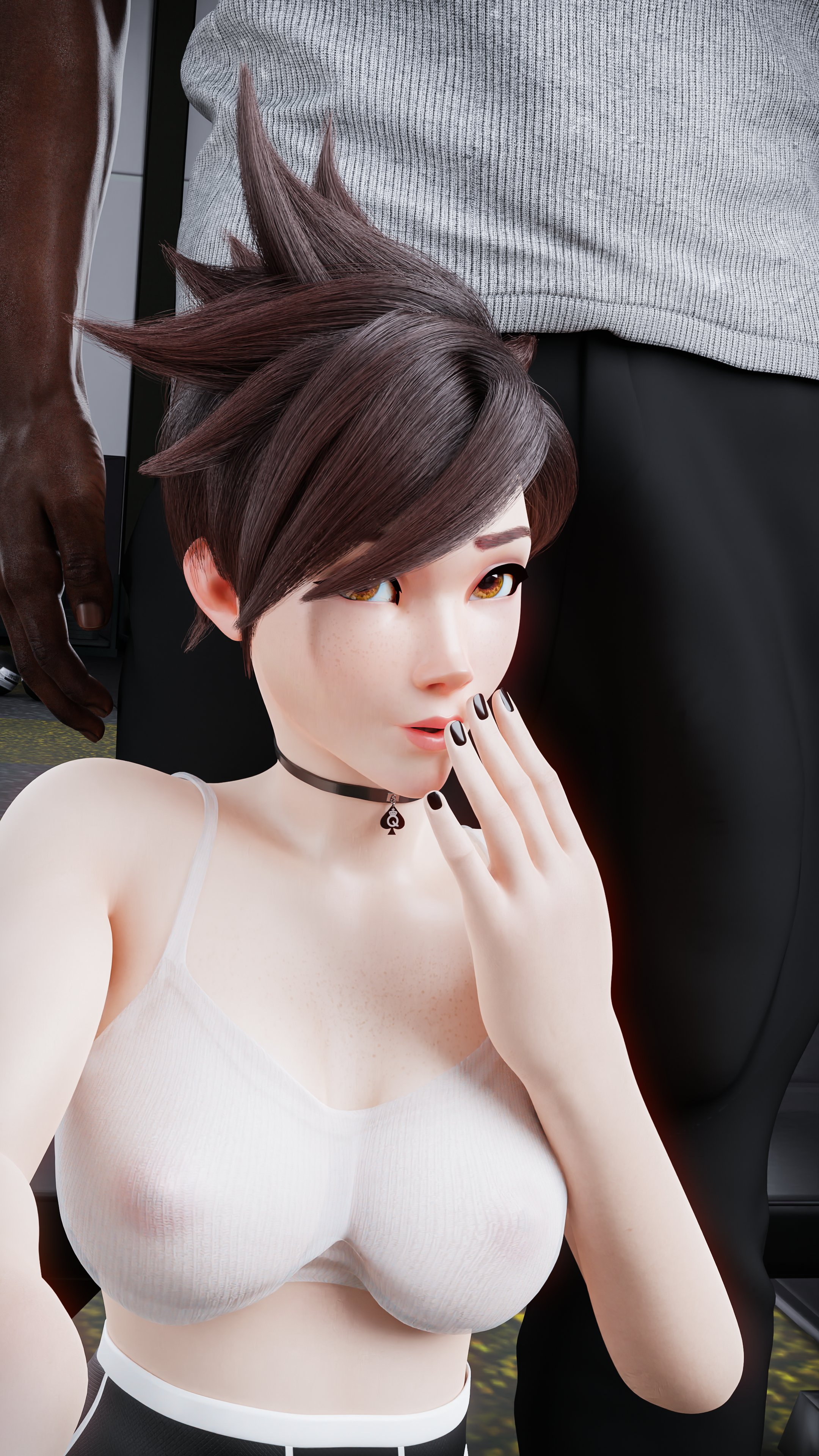 1boy, 1girls, 3d, areolae, big penis, black nail polish, black nails, blackedr34, breasts, brown eyes, brown hair, bulge, bulge down leg, choker, cock, dark skin, dark-skinned male, female, fortnite, fortnite: battle royale, fully clothed, interracial, large breasts, large penis, light skin, light-skinned female, looking at viewer, male, nipples, overwatch, pale skin, pale-skinned female, penis, qos, queen of spades, see-through, see-through clothing, selfie, spade choker, sports bra, sportswear, suggestive, suggestive look, tracer