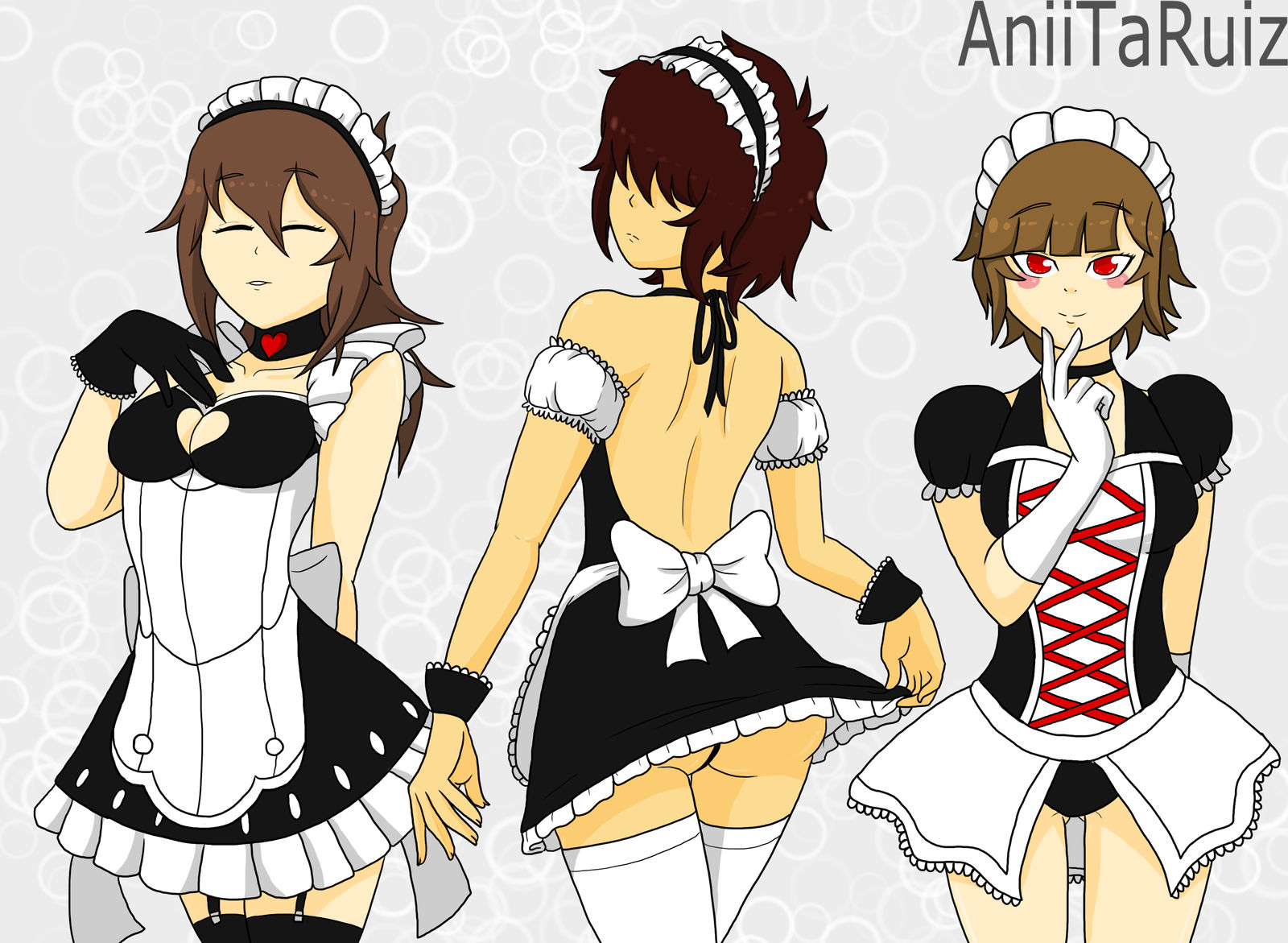 3girls, aniitaruiz, breasts, brown hair, chara, closed eyes, deltarune, female, female chara, female frisk, frisk, human, kris (deltarune), kris female (deltarune), kris male (deltarune), looking at viewer, maid, maid outfit, maid uniform, male, multiple females, multiple girls, pale skin, red eyes, simple background, undertale, undertale (series), white skin