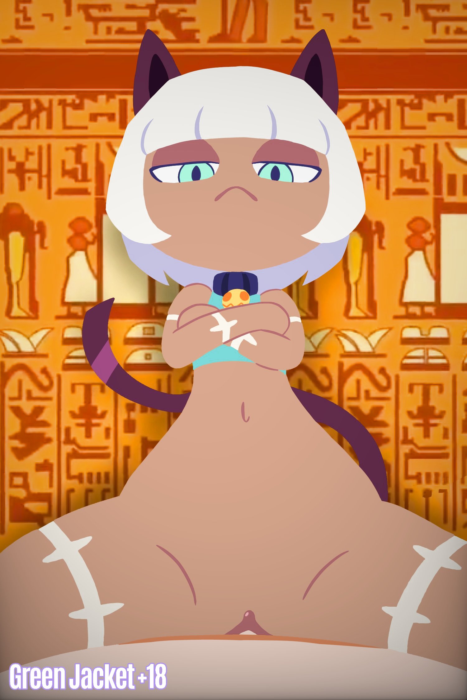 1boy, 1girls, animal crossing, ankha, ankha ride (minus8), arms crossed, blue eyes, bored, bored sex, cat ears, cat girl, catgirl, cowgirl position, disinterested, disinterested sex, edit, emotionless, emotionless sex, expressionless, expressionless sex, female, female focus, green jacket (artist), male, nadia fortune, necklace, nintendo, no outlines, pussy, sex, short hair, skullgirls, tail, tan skin, thick thighs, topwear, vaginal penetration, white hair