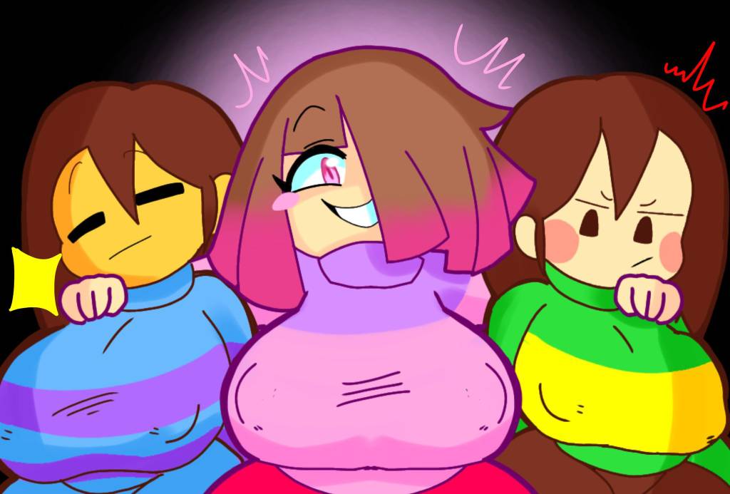 3girls annoyed bete_noire bete_noire_(mochikirb_style) betty_noire big_breasts brown_eyes brown_hair chara chara_(mochikirb_style) chara_dreemurr closed_eyes clothed clothing disappointed female_only frisk frisk_(mochikirb_style) glitchtale grin happy large_breasts medium_breasts mochikirb multicolored_hair multiple_girls nipple_bulge pale_skin pants pink_eyes pink_hair skirt sweater tan_skin turtleneck undertale undertale_(series) undertale_fanfiction white_skin yellow_skin