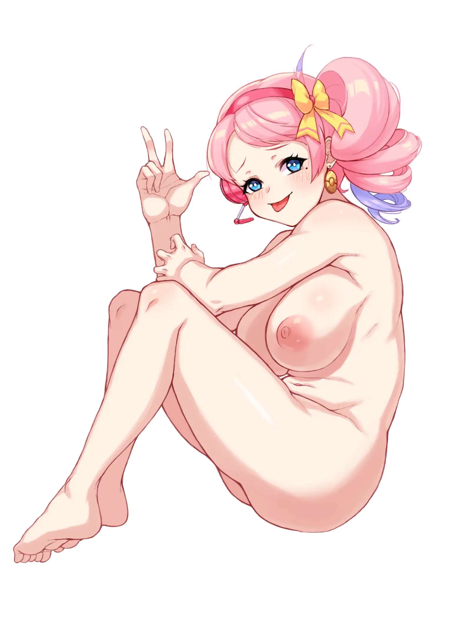 1girls bad_id blue_eyes blush breasts cleanerjay drill_hair earrings female hair_ornament hair_ribbon hi_res large_breasts looking_at_viewer naked nintendo nipples nude nude_female peace_sign pink_hair pokemon pokemon_bw2 sitting solo tongue tongue_out white_background yancy_(pokemon)