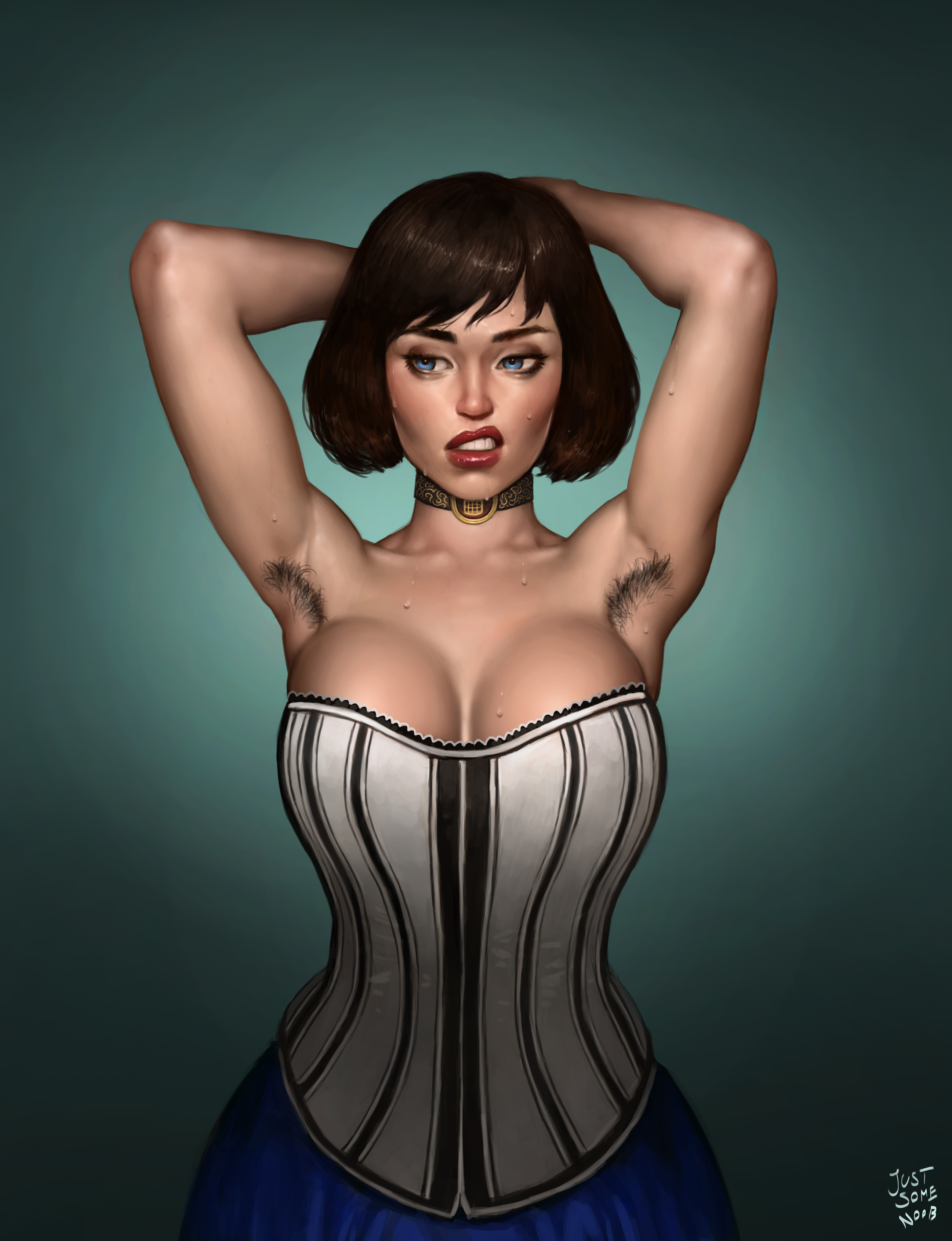 1girls, armpit, armpit hair, armpit sweat, armpits, arms up, bare shoulders, big breasts, bioshock, bioshock infinite, blue eyes, breasts, brown hair, busty, choker, cleavage, corset, elizabeth comstock, eyeshadow, female, female armpit hair, female focus, female only, hourglass figure, justsomenoob, large breasts, lips, lipstick, lipstick smear, make up, make-up, makeup, mascara, mascara tears, realistic, red lips, red lipstick, short hair, skirt, smeared lipstick, sweat, sweatdrop, sweating, sweaty