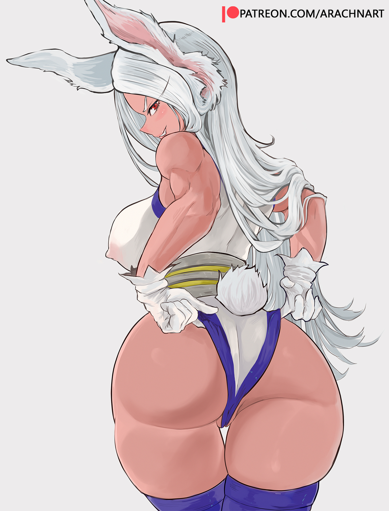 1girls, arachnart, artist signature, ass, breasts, brown skin, female, hero outfit (mha), highleg leotard, hips, huge ass, huge breasts, leotard, long hair, miruko, my hero academia, red eyes, rumi usagiyama, slim waist, thick thighs, thighs, white hair, white-haired female, wide hips
