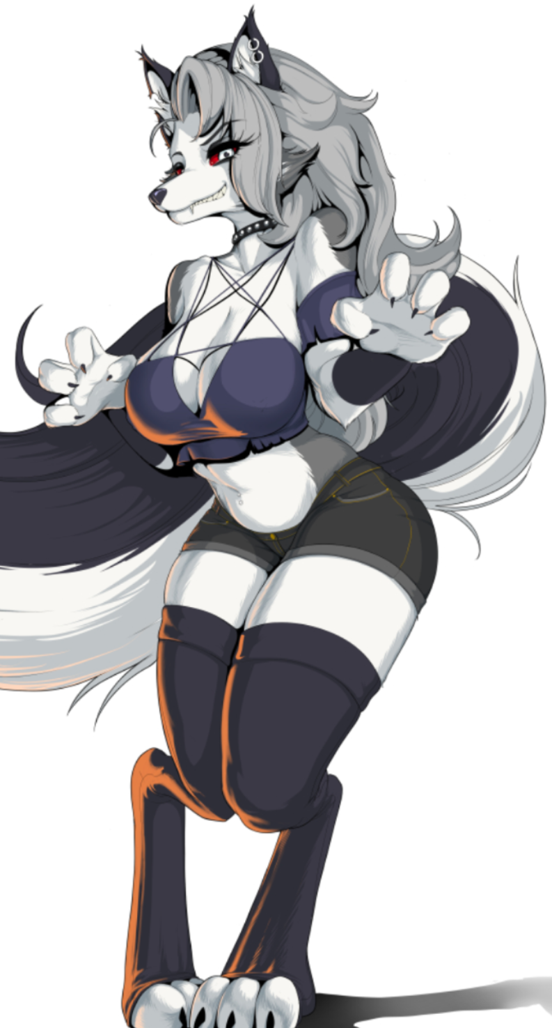 anthro anthrofied ass black_nails black_nose black_panties black_shorts black_toenails blue_bra bobas bra breasts clothed clothing female fur furry furry_only grey_body grey_fur grey_hair hellhound helluva_boss high_thighs hotpants knee_high_socks kneehighs kneesocks loona_(helluva_boss) pabloxloona red_sclera smelly smelly_armpits smelly_bra smelly_socks smelly_toenails snout solo tail thick_ass thick_thighs thighs white_background white_body white_fur white_hair white_skin wolf wolf_ears wolf_girl wolf_humanoid wolf_tail