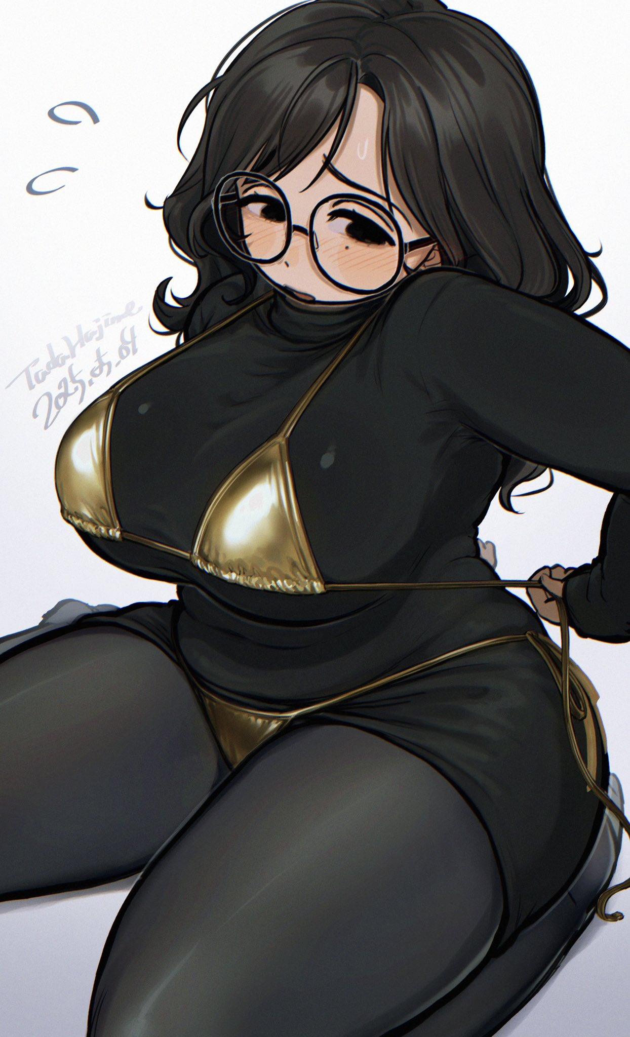 bikini, bikini over clothes, bikini top, black hair, glasses, gold bikini, golden week, golden week bikini, mii, mole under eye, mono (tada hajime), nintendo, original character, tada hajime