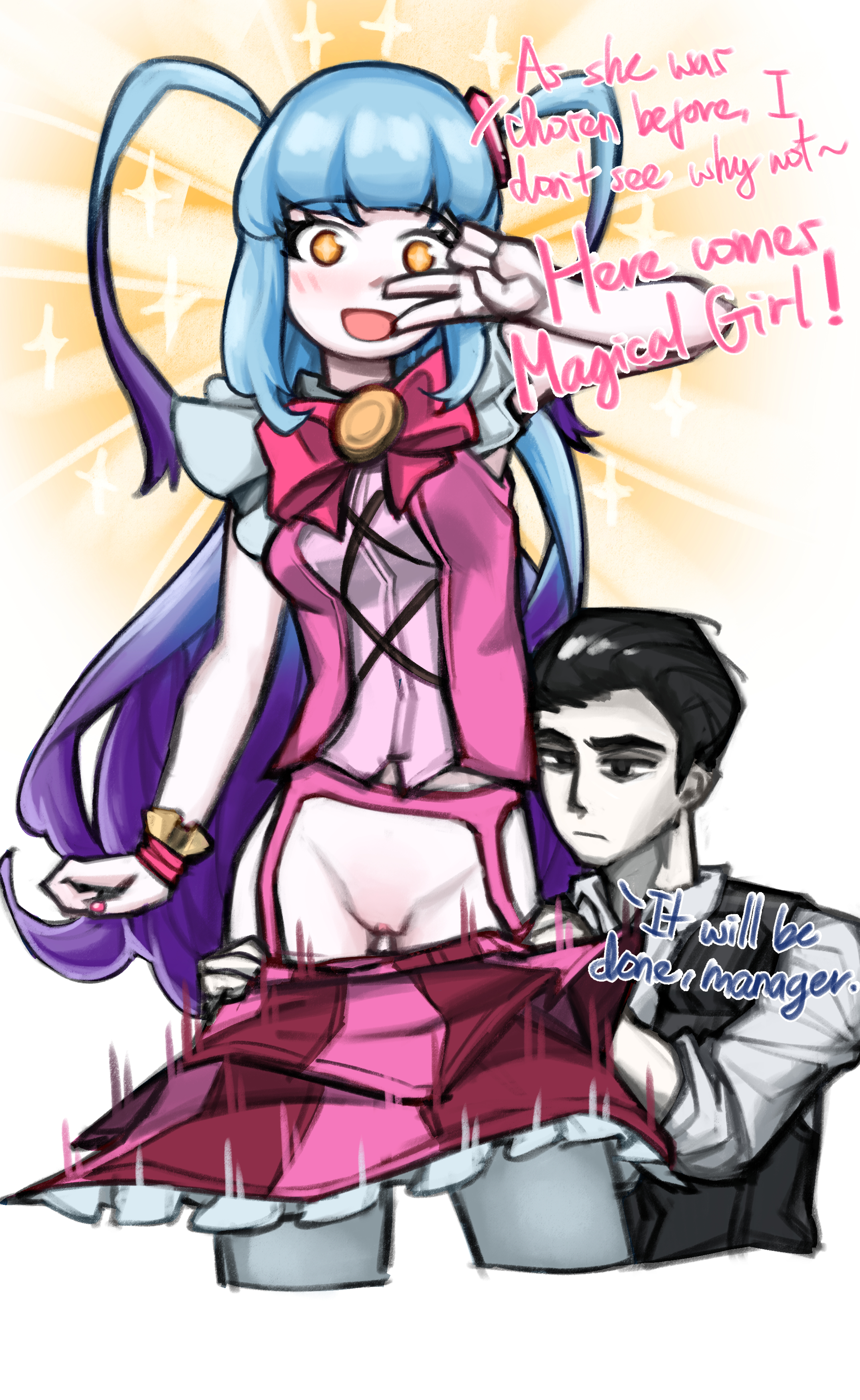 1boy, 1boy1girl, 1girls, 1girls1boy, blue hair, clothed, clothing, dialogue, duo, english text, exposed pussy, female, female focus, human, light skin, limbus company, lobotomy corporation, long hair, looking at viewer, male, male/female, meursault (limbus company), open eyes, open mouth, open smile, partially clothed, peace sign, pose, project moon, pull out, pulling panties, pussy, queen of hatred, sami camo, smile, tagme, talking to viewer, text, undressing, undressing another