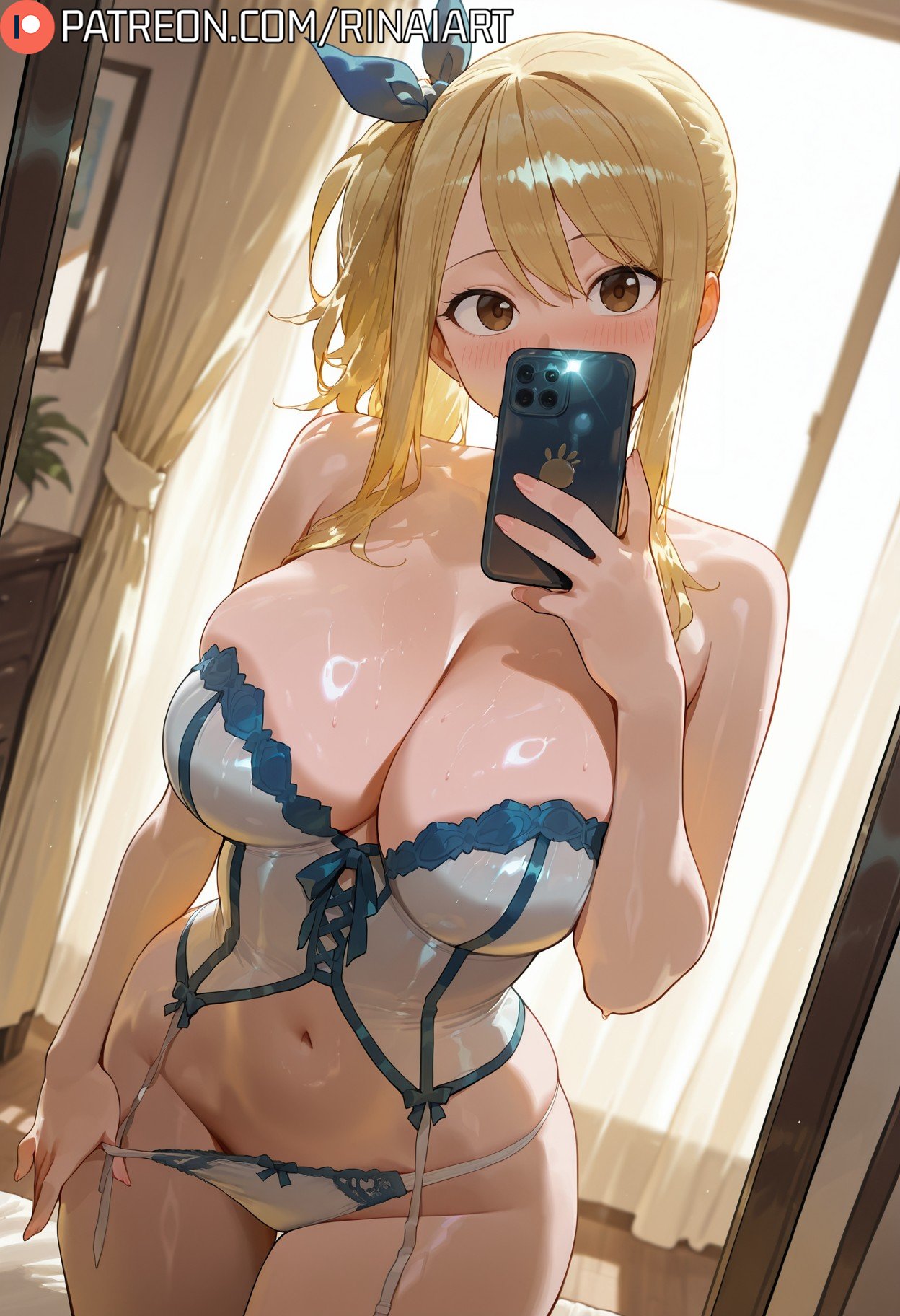 1girls, ai generated, big breasts, blonde female, blonde hair, blonde hair female, blonde-haired female, blush, blushing at viewer, breasts, busty, busty female, cleavage, curvaceous, curvaceous body, curvaceous female, curvaceous figure, curvaceous hips, curvy, curvy body, curvy female, curvy figure, curvy hips, fairy tail, female, female focus, female only, large breasts, light skin, light-skinned female, long hair, looking at viewer, lucy heartfilia, mirror selfie, only female, panties, phone, rinai, selfie, yellow eyes