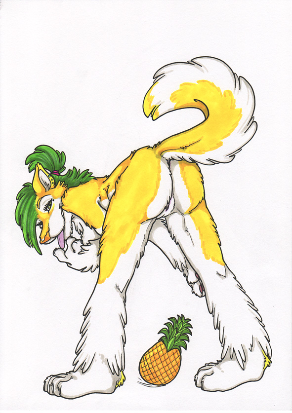 ass bent_over breasts ass canine canine ear_piercing earring female finger_lick flafur fruit husky kwik mooning nude piercing pineapple pussy solo yellow
