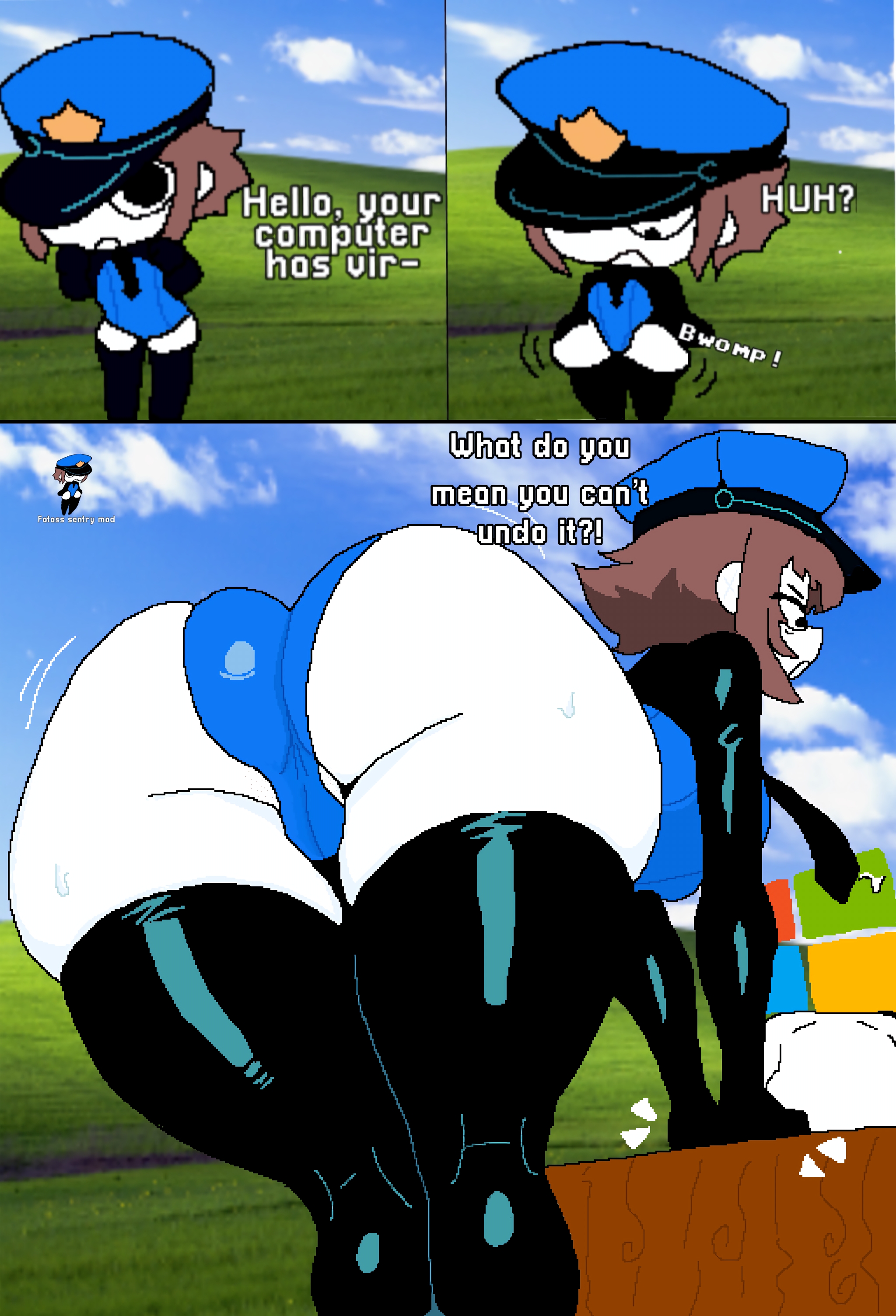 angry face, ass, ass focus, black eyes, bodysuit, brown hair, cameltoe, chibi, comic, comic page, cop, cop hat, edit, edited, english text, expansion, expansion sequence, latex, latex armwear, latex bodysuit, latex clothing, latex gloves, latex legwear, microsoft, monmaamn, multiple panels, oc, original, original artwork, original character, sentry (monmaamn), short comic, text, tie, windows logo, windows xp
