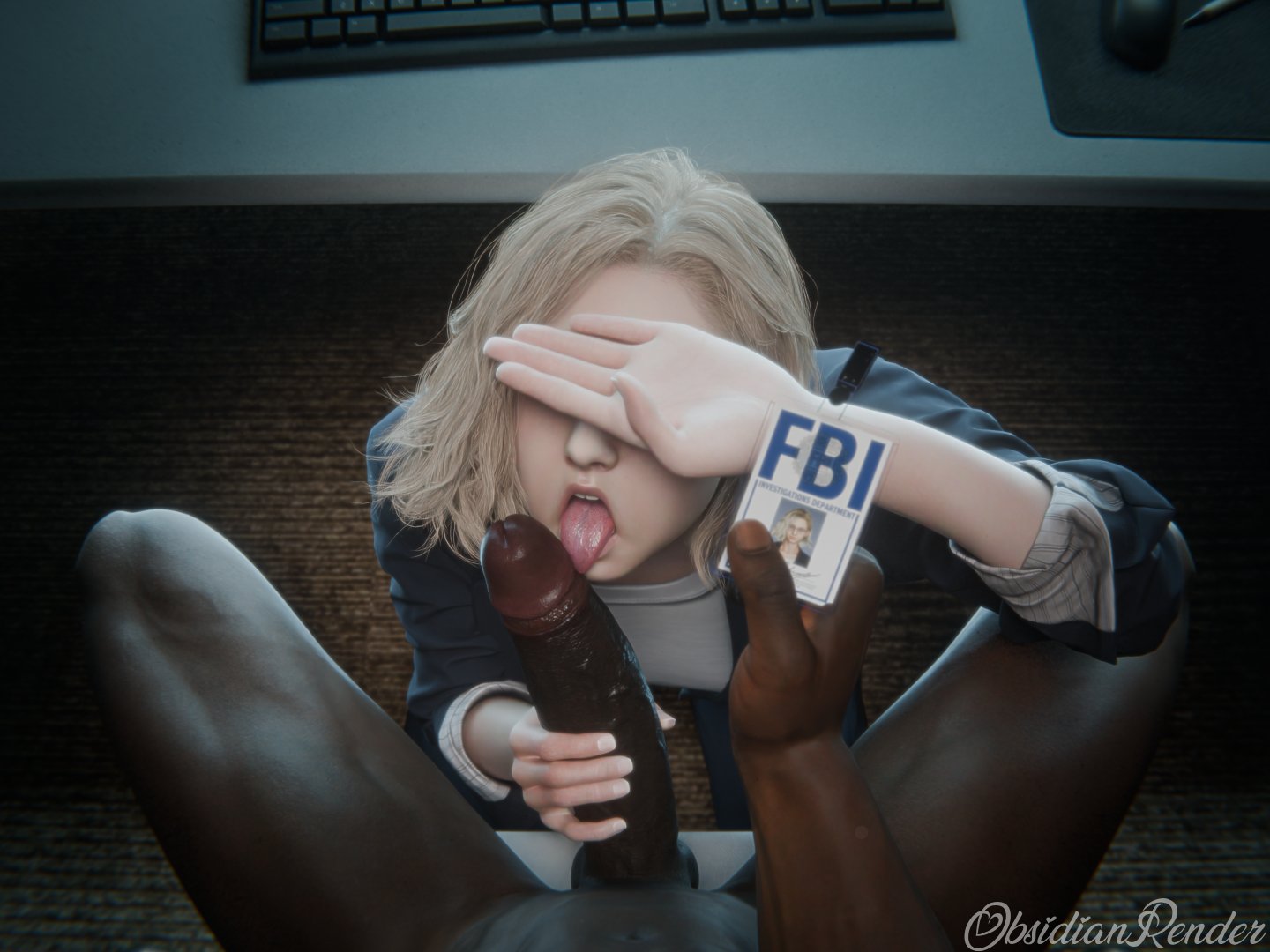 1boy, 1girls, 3d, blowjob, clothing, dark skin, dark-skinned male, fellatio, female, female focus, grace ashcroft, grace ashcroft (fbi outfit), grace ashcroft (julia pratt), human, id card, interracial, light skin, light-skinned female, male, male pov, nathan dempsy, obsidianrender, pale skin, pov, resident evil, resident evil 9: requiem, tagme