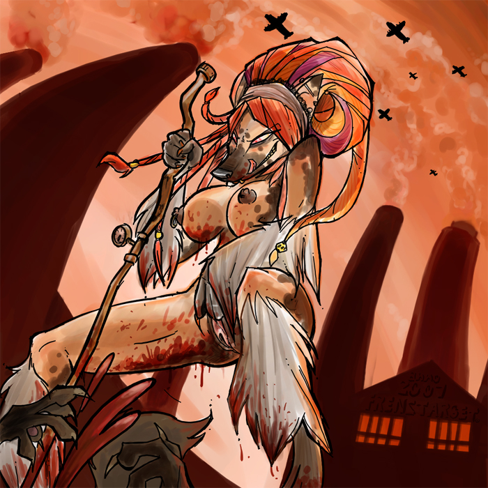 blood breasts canine chinese_crested_dog domination dreadlocks factory female femdom fisheye kill licking_lips masturbation nude polearm post_apocalyptic pov pussy solo spear stab target_(artist) x_e_cute