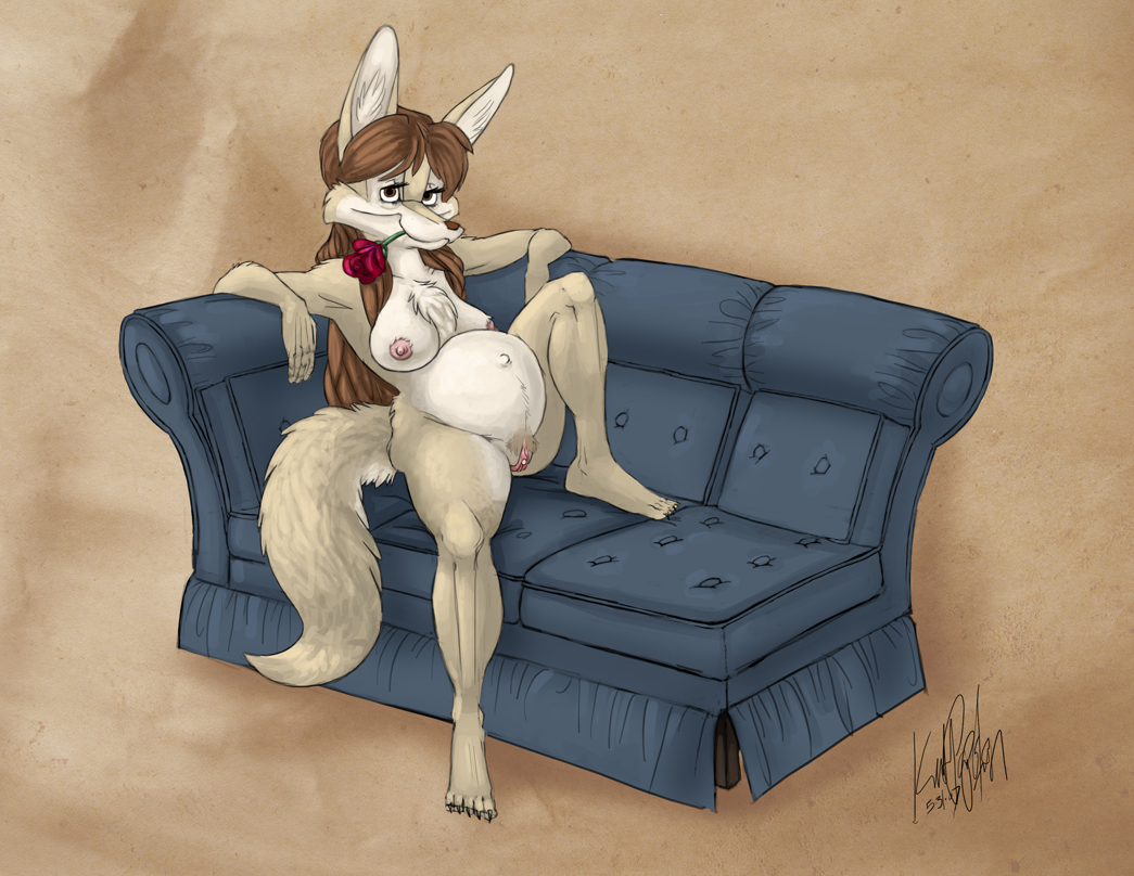 anthro background_pattern breasts canine clitoral_hood clitoris female fennec fox fur furry furry_ears furry_tail inviting kptoons nipples nude plump_labia pregnant pussy rose rose_in_mouth sofa solo tail