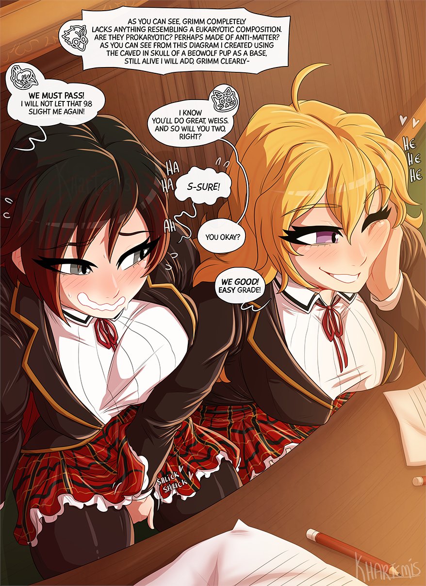 2girls, blonde hair, clothed, clothing, dialogue, female, female only, finger fuck, fingering, fingering partner, fingering pussy, incest, khartemis, lesbian sex, light skin, light-skinned female, public, ruby rose, rwby, school uniform, sisters, speech bubble, stealth sex, text, unknowing bystander, yang xiao long, yuri
