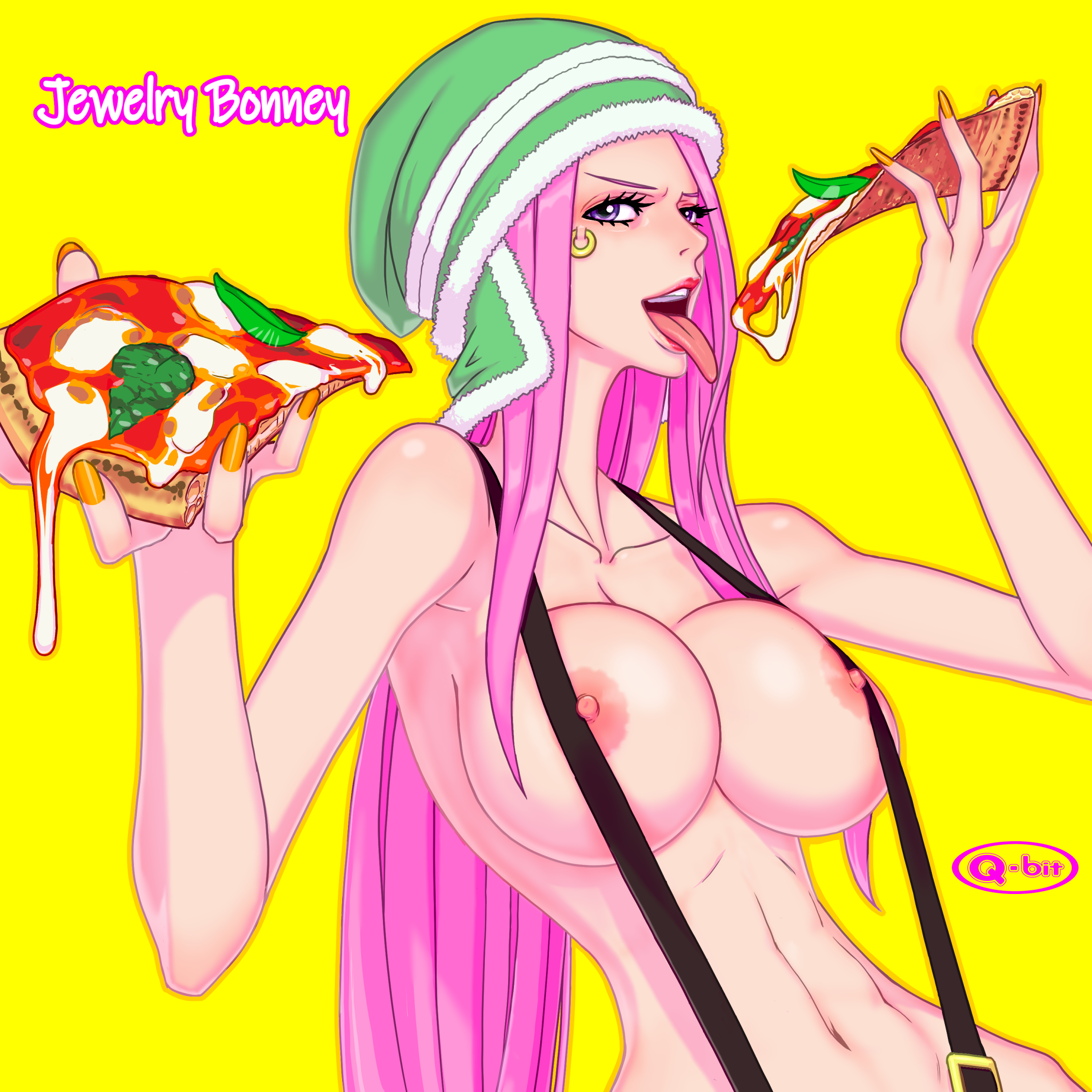 1girls, absurd res, aged up, alternate version at source, artist name, character name, cheek piercing, female, female only, food, functionally nude, hat, holding food, jewelry bonney, linea alba, lipstick, long hair, long nails, looking at viewer, makeup, nail polish, one piece, piercing, pink hair, pink-haired female, pizza, purple eyes, q-bit, sfw version available, simple background, suspenders, tongue out, unavailable at source, yellow background