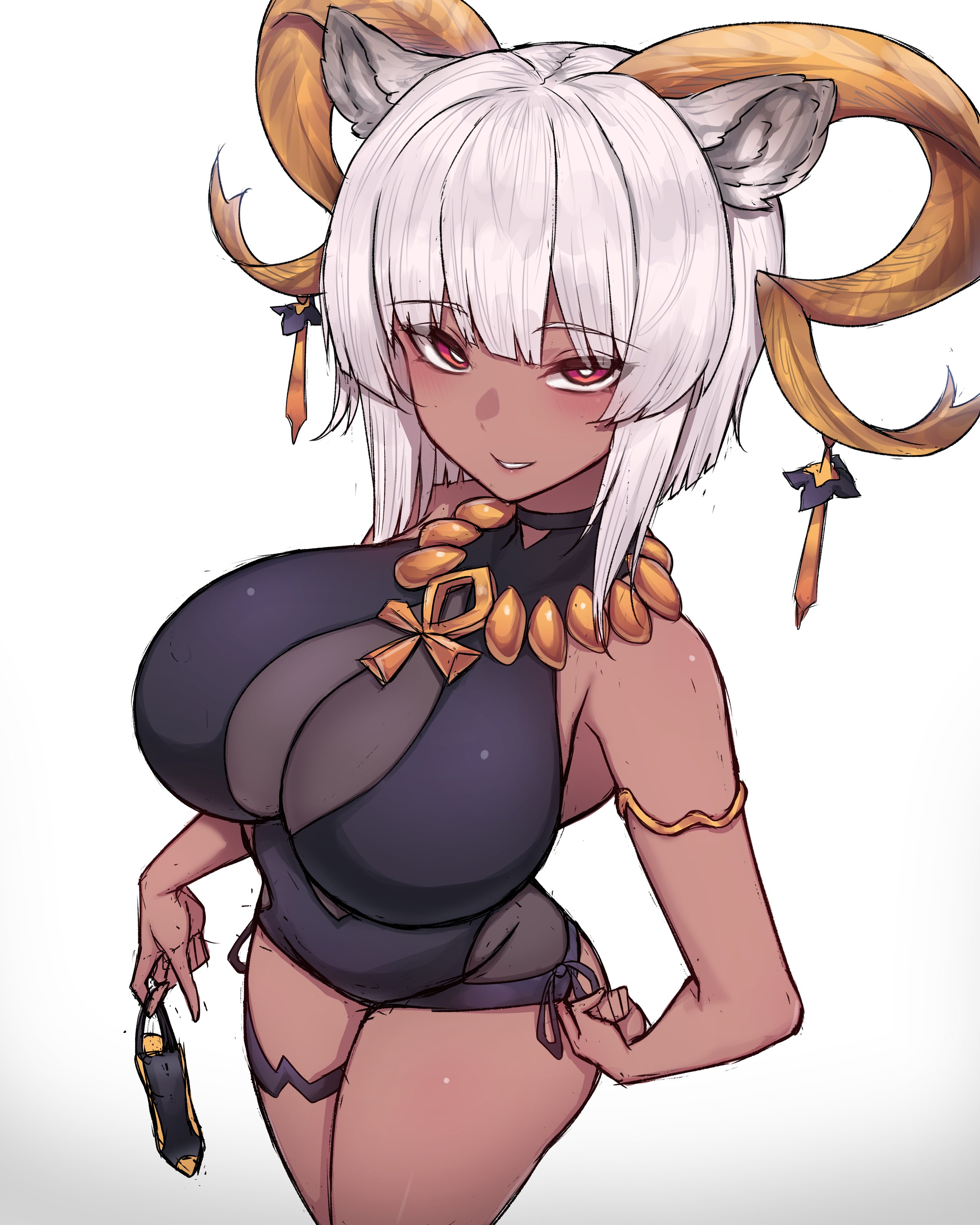 adjusting clothes, arknights, big breasts, blush, breasts, brown skin, carnelian (arknights), carnelian (shining dew) (arknights), female, horns, looking at viewer, necklace, rikuguma, smile, smiling at viewer, swimsuit, tagme