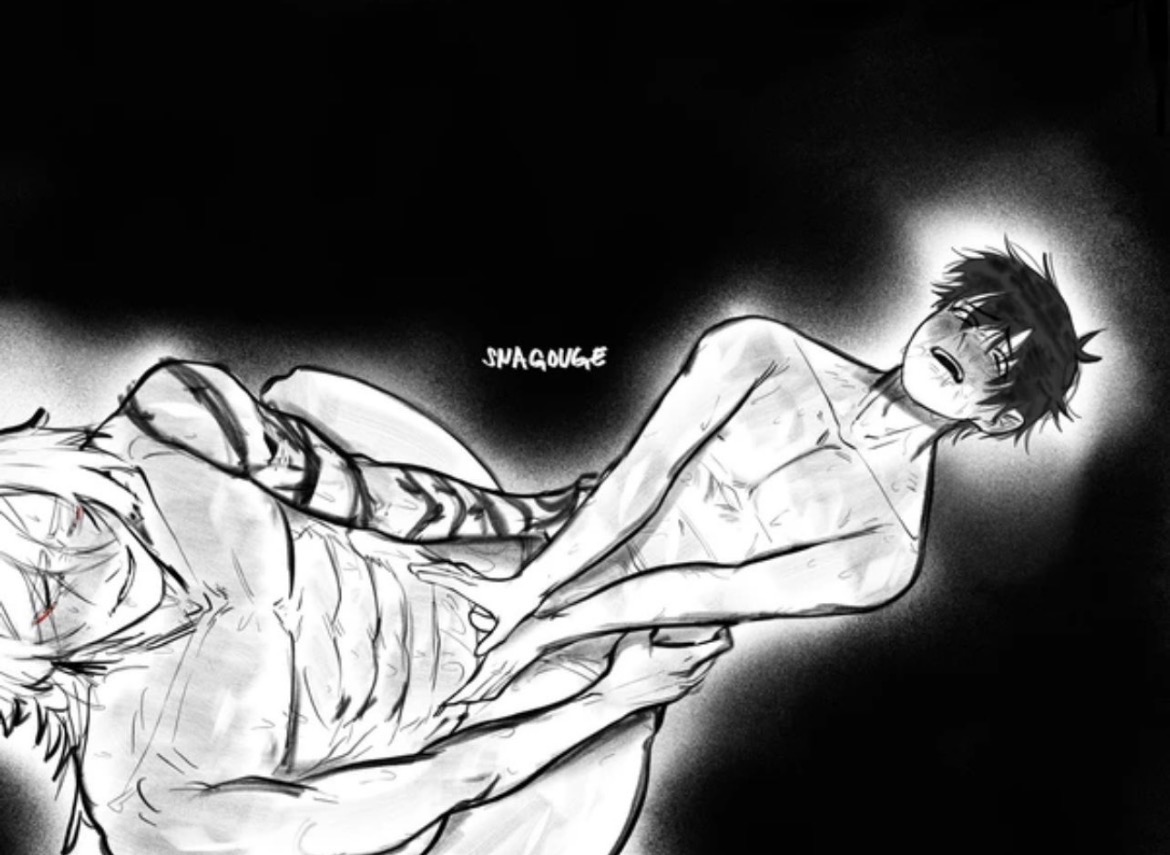 abs, biting own lip, blue lock, gay, gay sex, hands on abs, hands on hips, isagi yoichi, male/male, michael kaiser, muscular male, petite male, riding penis, snagouge, tattooed arm, tattooed male, twink, uncolored, yaoi