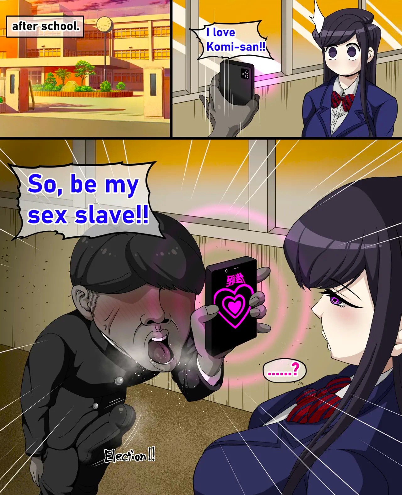 1boy, 1girls, big breasts, black hair, common sense change, confused, english text, hypnosis, hypnosis app, hypnotic eyes, komi shouko, komi-san wa komyushou desu, school uniform, suamado, surprised, text, text bubble, ugly bastard, uniform