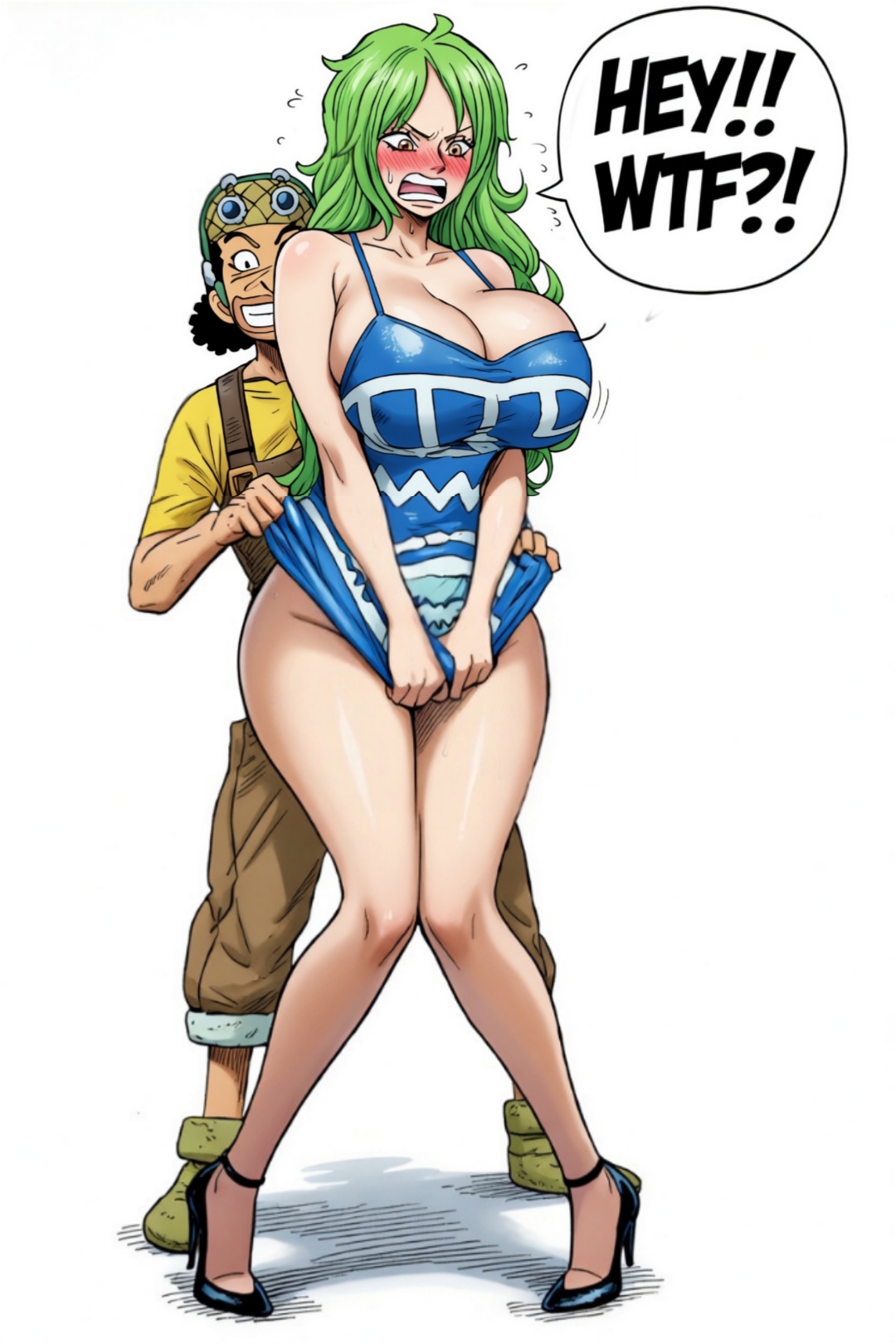 1boy, 1girls, ai generated, big breasts, blackroga, dress, dress lift, female, grabbing from behind, green hair, green-haired female, high heels, light-skinned female, light-skinned male, male, milf, monet (one piece), no panties, one piece, prank, shocked, shorter male, taller female, text bubble, thick thighs, usopp, voluptuous, yelling