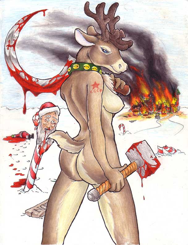 1boy 1girls anthro antler ass back beard beige_skin bleeding blood blood_drip blood_stain blue_eyes breasts brown_fur cervine chest_tuft christmas collar color communism death decapitation deer dismemberment ears exposed_breasts eyes facial_hair female fire fur furry furry_ass furry_breasts furry_ears furry_tail gore guro hair hammer hammer_and_sickle hat head holidays human injury interspecies iron_raptor looking_back male male_death nude open_eyes outdoors reindeer santa_claus severed_head sex sickle sign skin snow soviet tail tools what white_hair wound