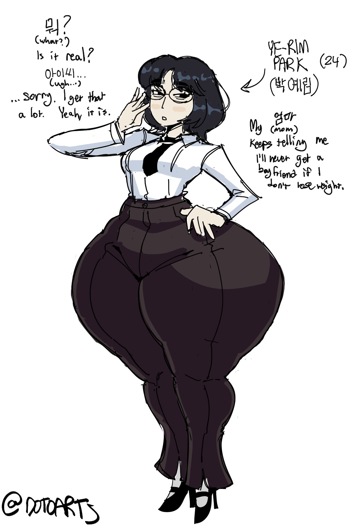ass visible from the front, black hair, bottom heavy, breasts, curvy, dotodonoto, female, female only, formal, glasses, high heels, huge ass, korean, korean female, medium breasts, original, original character, paag, short hair, signature, small breasts, solo, text, thick, thick ass, thick thighs, wide hips, ye-rim park (dotodonoto)