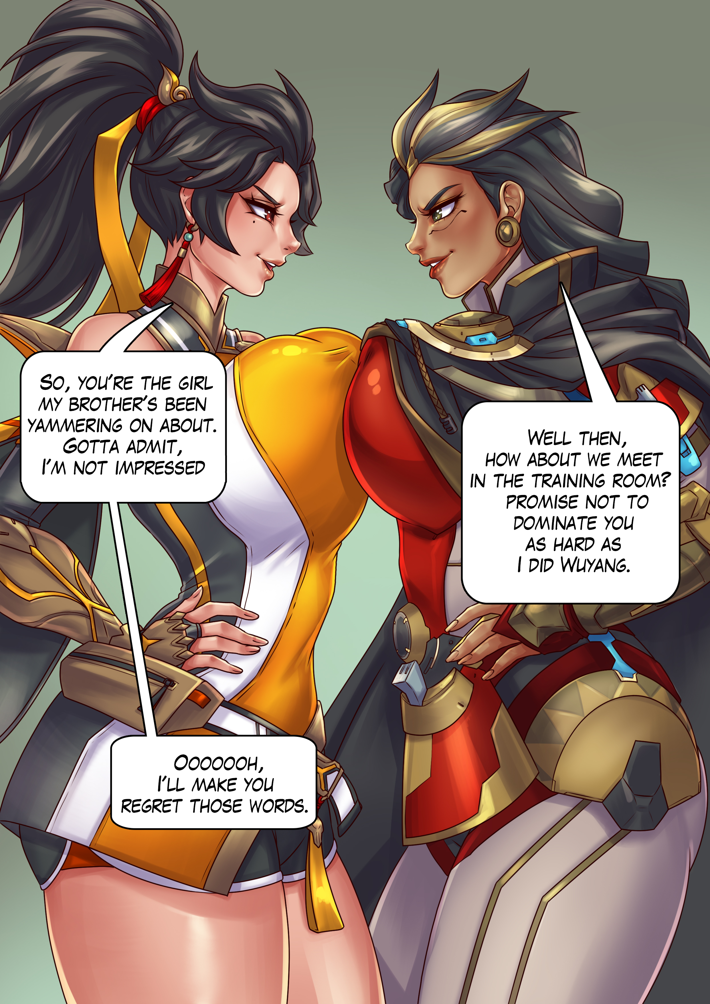 2d, 2girls, anran, big breasts, black hair, breast press, breasts, breasts to breasts, chinese female, clothing, commission, commissioner upload, dialogue, english text, eye contact, female, female only, high ponytail, illari (overwatch), innuendo, lavionartz, long hair, overwatch, overwatch 2, peruvian female, ponytail, rivals, side view, smile, speech bubble, thick thighs, very high resolution