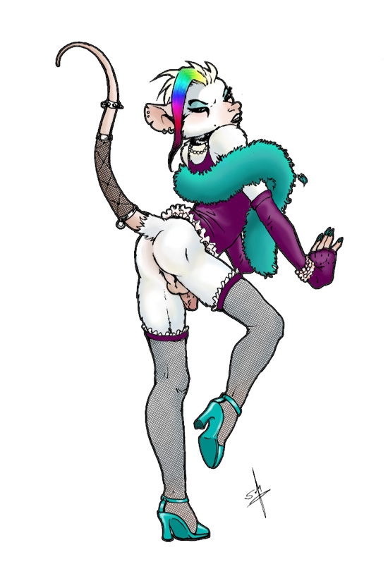 1boy anthro artist_initials balls ballsack bottomless collar crossdressing erection fingerless_gloves fishnet goth makeup male male_only penis piercing rainbow rat rodent scrotum seraph_(artist) solo stockings testicles twain