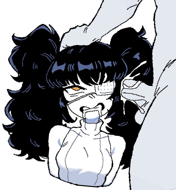 1boy, 1girls, anon, anonymous male, black hair, brain fuck, clenched teeth, cum, cum in ear, cum in head, cumming, cumming while penetrating, drooling, ear fetish, ear fuck, ear penetration, earfuck, eye patch, eyepatch, female, head grab, looking up, male, monmaamn, orange eyes, original, original character, seraphim (monam), skull fucking, white background, white clothing, white skin