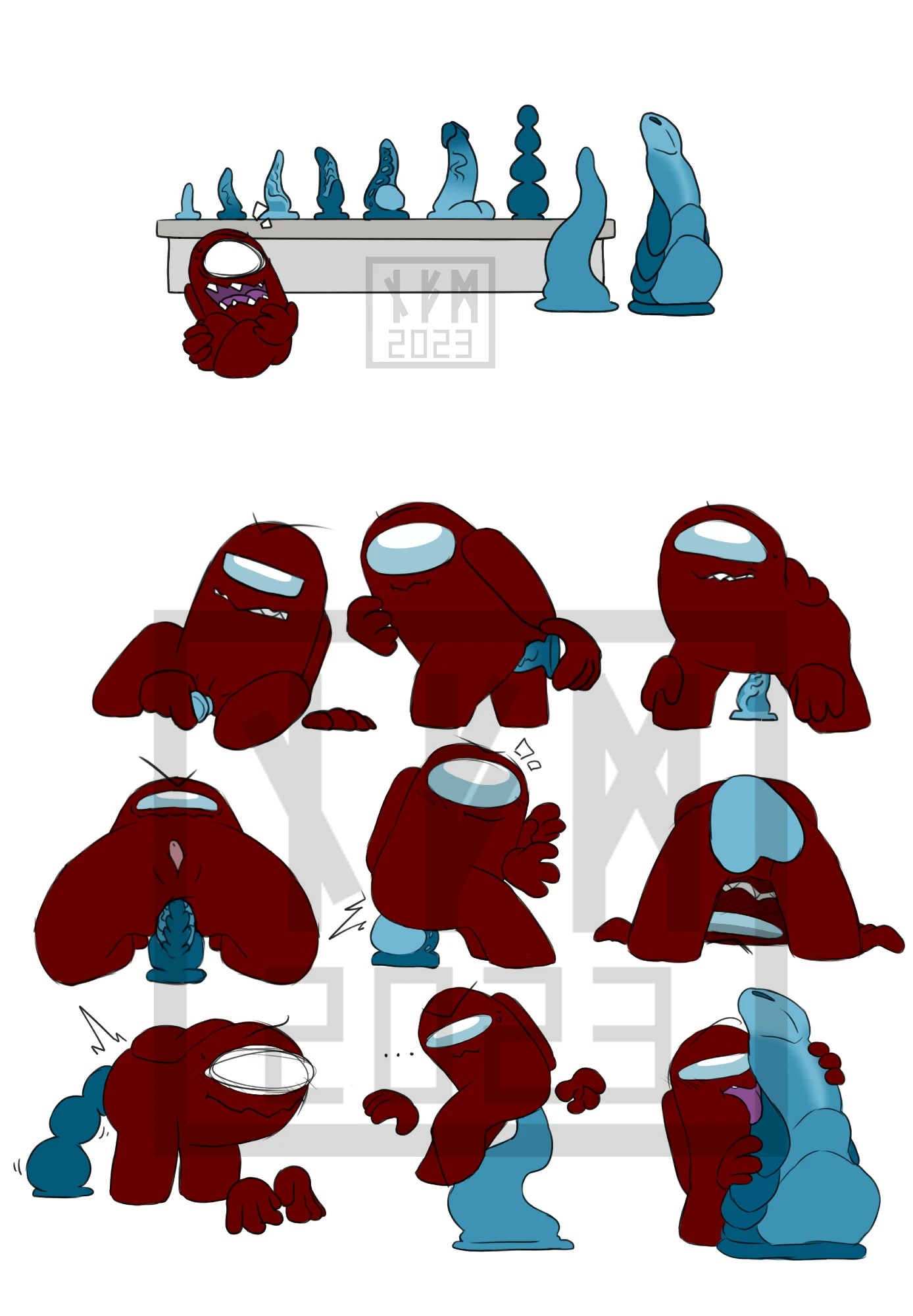 among us, dildo, dildo penetration, dildo sitting, genital slit, giant dildo, maroon (among us), namarick