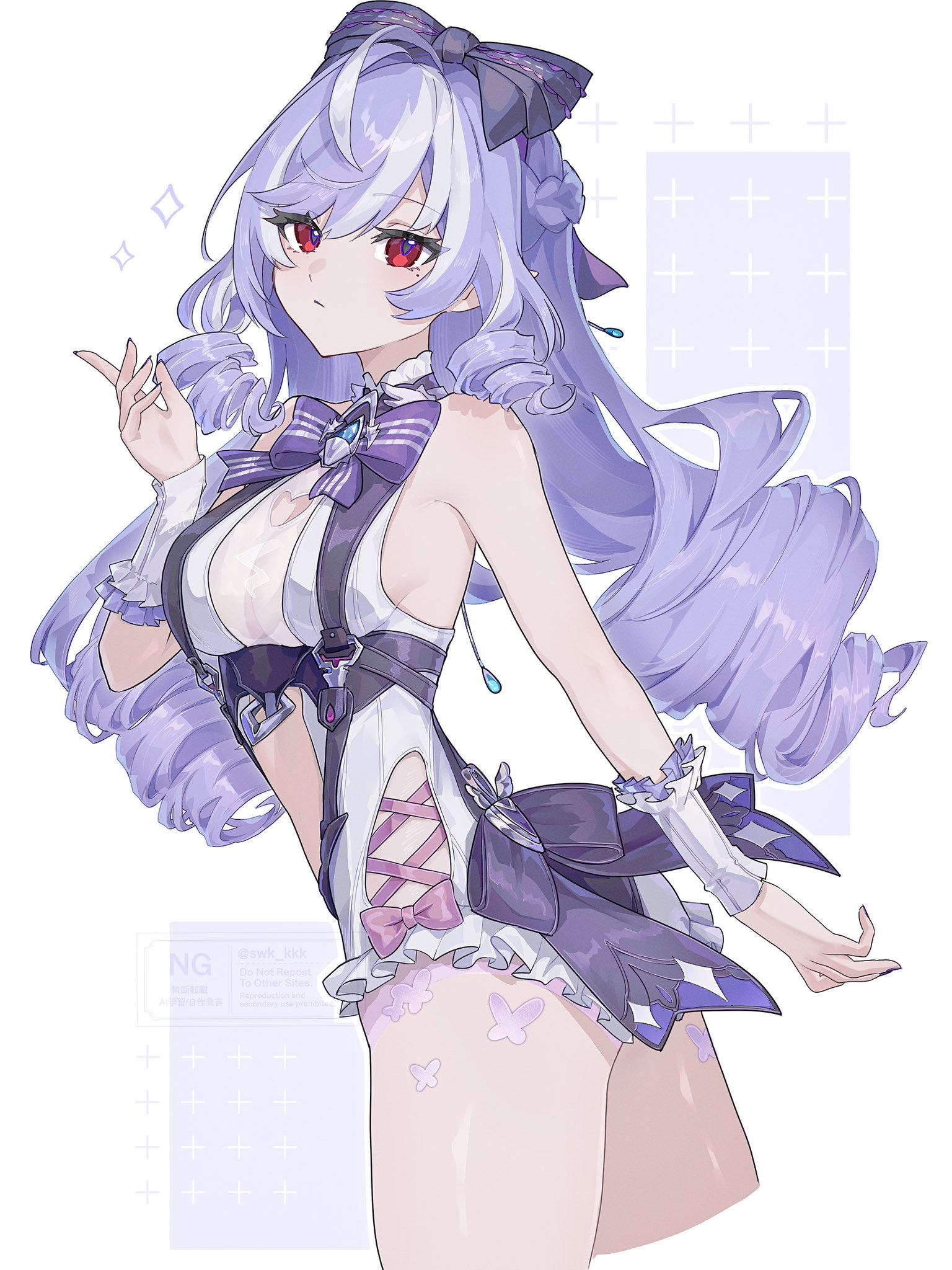 1girls, breasts, exposed breasts, female, hoyoverse, long hair, mihoyo, official alternate costume, purple hair, red eyes, swimsuit, vivian banshee, vivian banshee (iris of the shore), white swimsuit, zenless zone zero