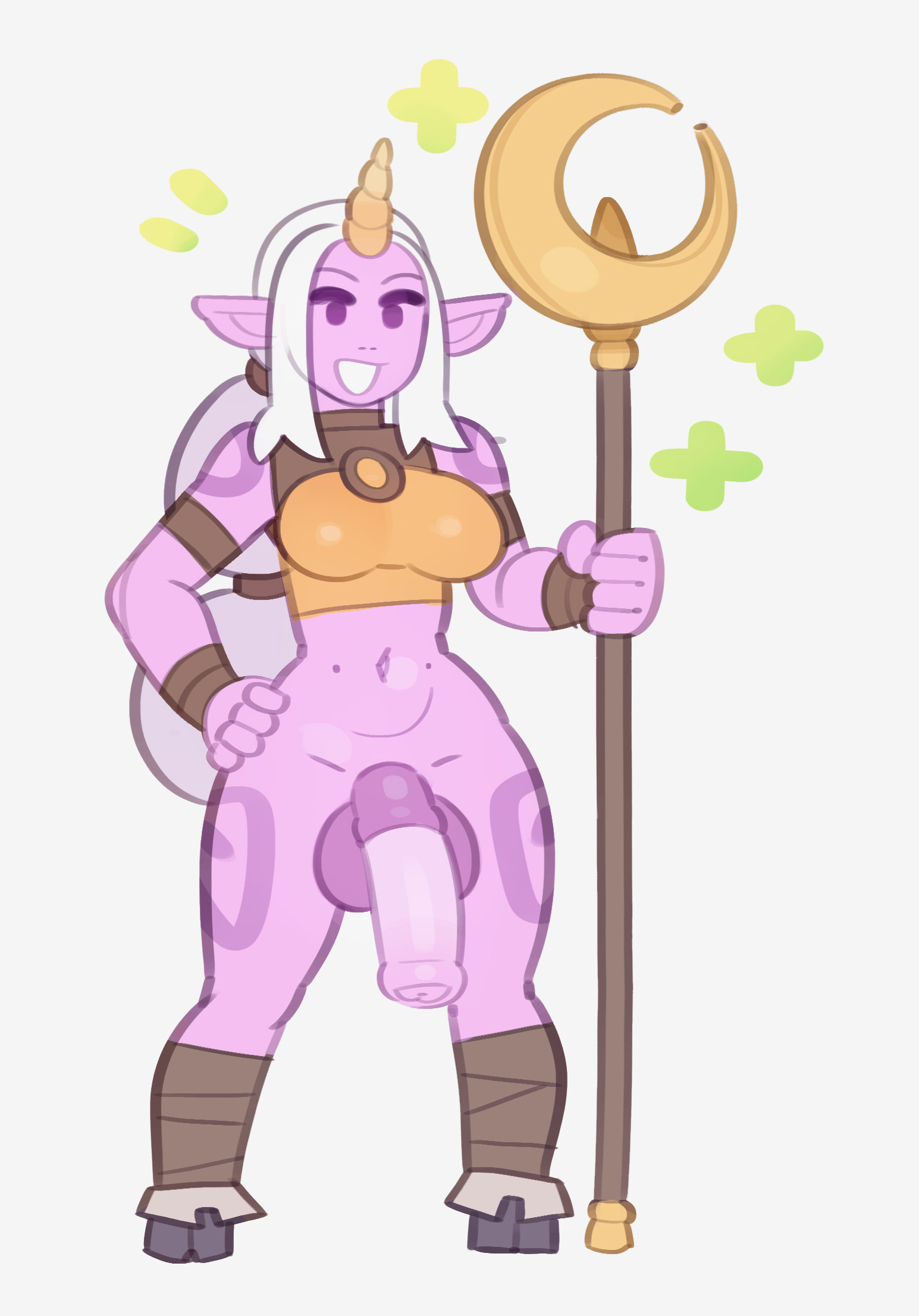 1futa, big penis, bottomless, chibi, ejaculation, futanari, half-erect, healer, hooves, horn, horsecock, horsecock futa, huge balls, huge cock, league of legends, legwrap, no panties, no underwear, pink body, pink penis, pink skin, pointy ears, purple skin, solo futa, soraka, splashbrush, staff, weapon, white hair